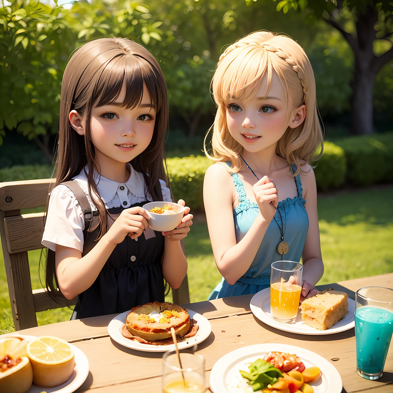 The style is that of a fairy tale illustration,Time for lunch,I'm going to eat my handmade lunch,outdoor,smiling faces,5 years old 2 girls,brown hair girl and gold hair girl