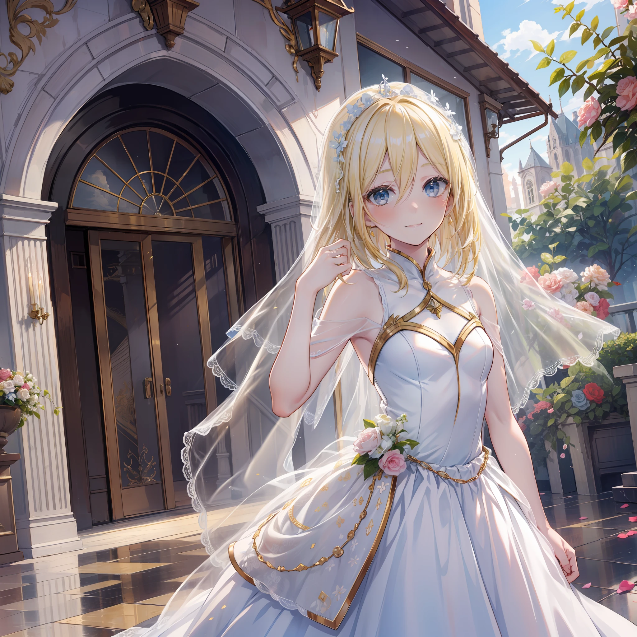 top-quality,​masterpiece,Masterpiece,8k,high-level image quality,1人の女性,1girl,独奏,Crystalla Lens,Golden hair,blondehair,a blond,straight haired,Medium hair,Light blue eyes,wedding dress,White dress,Meticulous decoration,Dresses with delicate decorations,chies,View of the church,outside church,Walking,full bodyesbian,face in view,detailed face depiction,Speciality,a smile,Blushing cheeks,Smile,turned around,Zoom up the character,