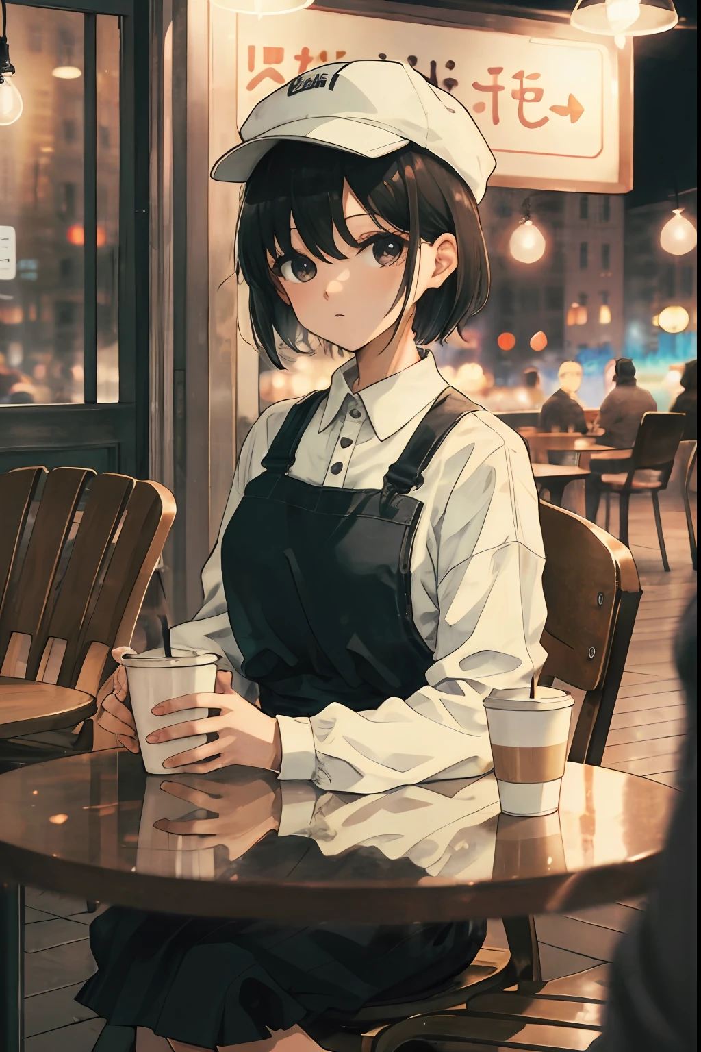 Music Video Style, Farbe, 1girl in, White cap、black hair short cut、bangss, bblurry, Cafe at night、Multiple figures on background、 drinking a cup of coffee, sitting on table, masterpiece, crowd, looking at the viewers,