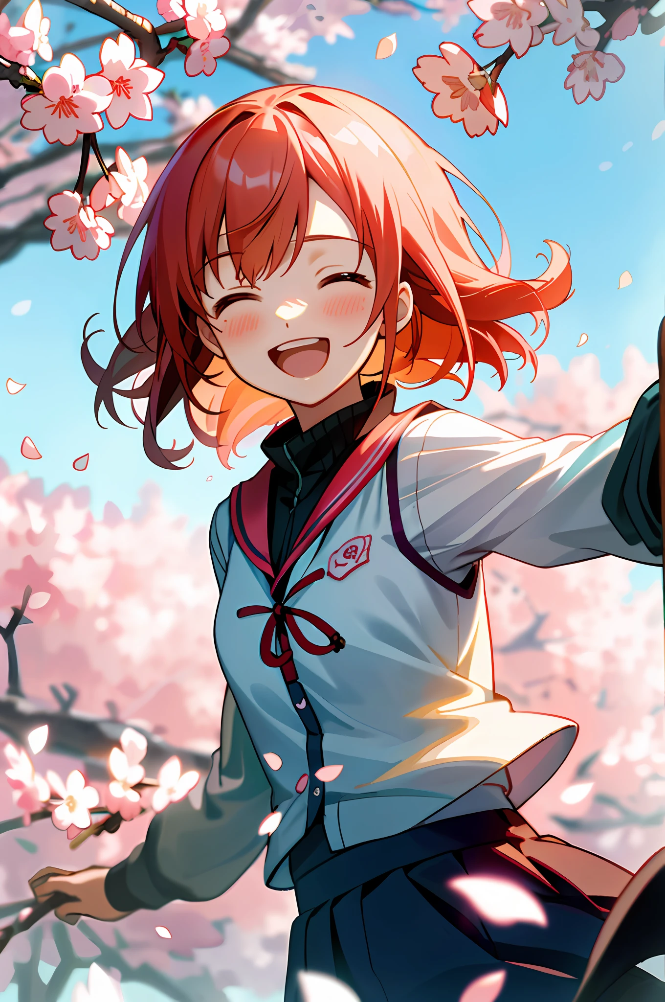Masterpiece, Best quality, A high resolution, Game CG, 1girll, mahiru shiina, Cherry blossoms, petals, flying petal, Wind, Upper body,Open your mouth and laugh,Arms spread wide