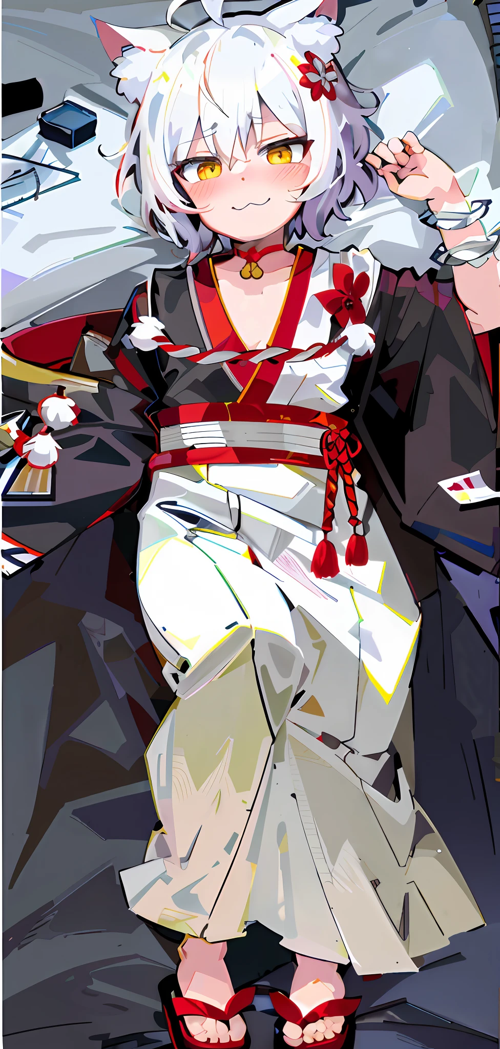 dakimakura, white bed sheet, (hindquarters,Looking back:1.2),Yellow eyes,Short hair,(White hair:1.2),brown kimono,ahoge,Cat ears,Red and white belt,Shy,Blush,Red band,(;3),uwu,catmouth,(haori:1.1),Haori button,floral decorations