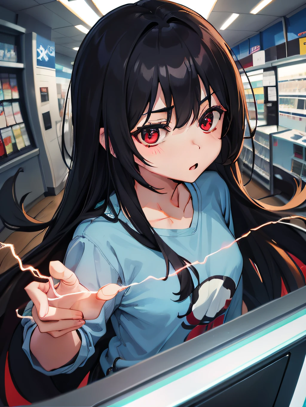 Long black hair, red eyes, wearing light blue casual clothes, looked at the electrical store in surprise