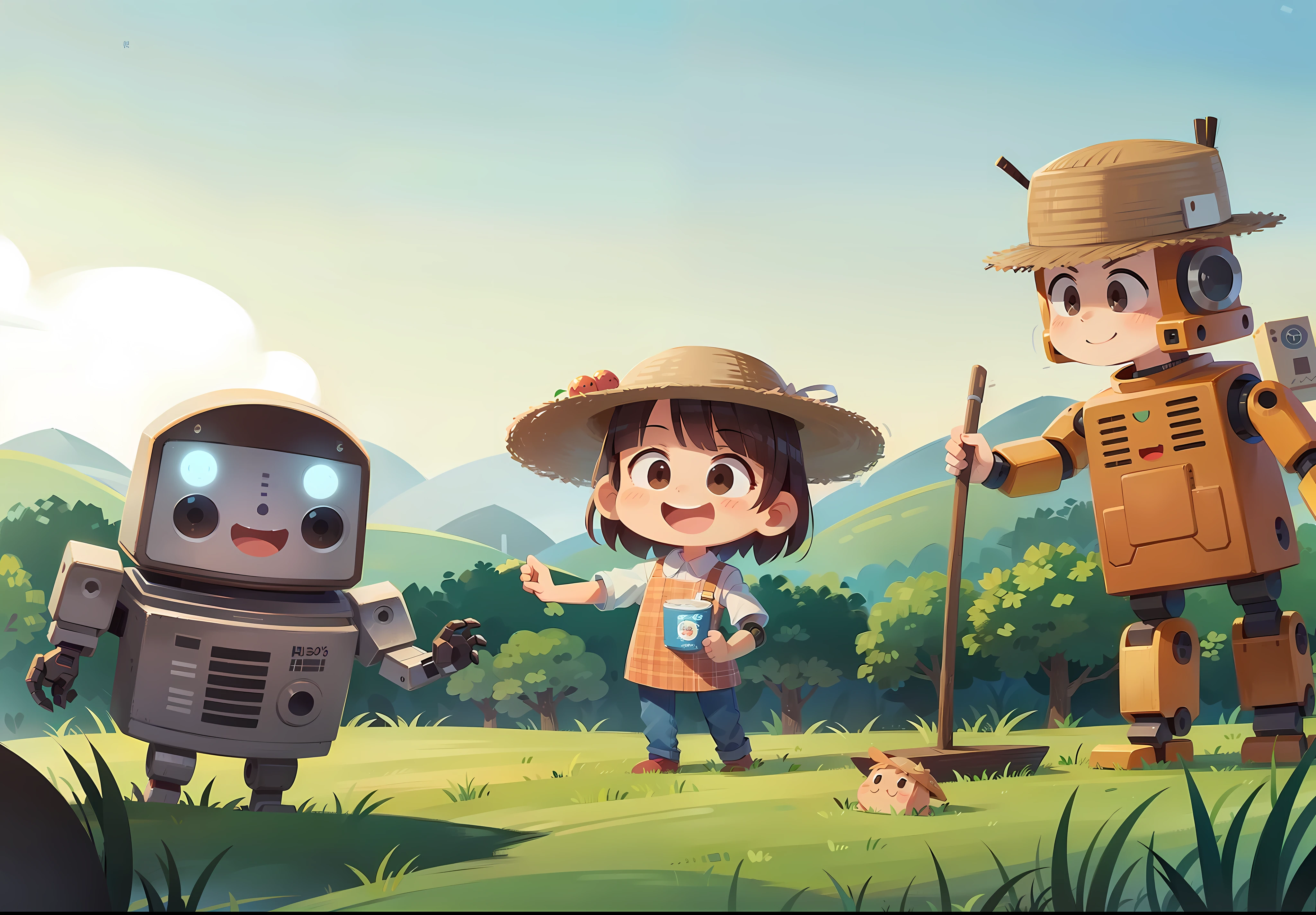 CMYK format, cartoon style, happy style, (robot's appearance is very cute:1.3), a robot farmer,with a straw hat,wear plaid shirt jeans,with a hoe,cultivated land,standing in the farmland,(scarecrow),(Simple design:1.1), (simple composition:1.1), (white backgrounid:1.2), 2d, (best quality:1.2), high details