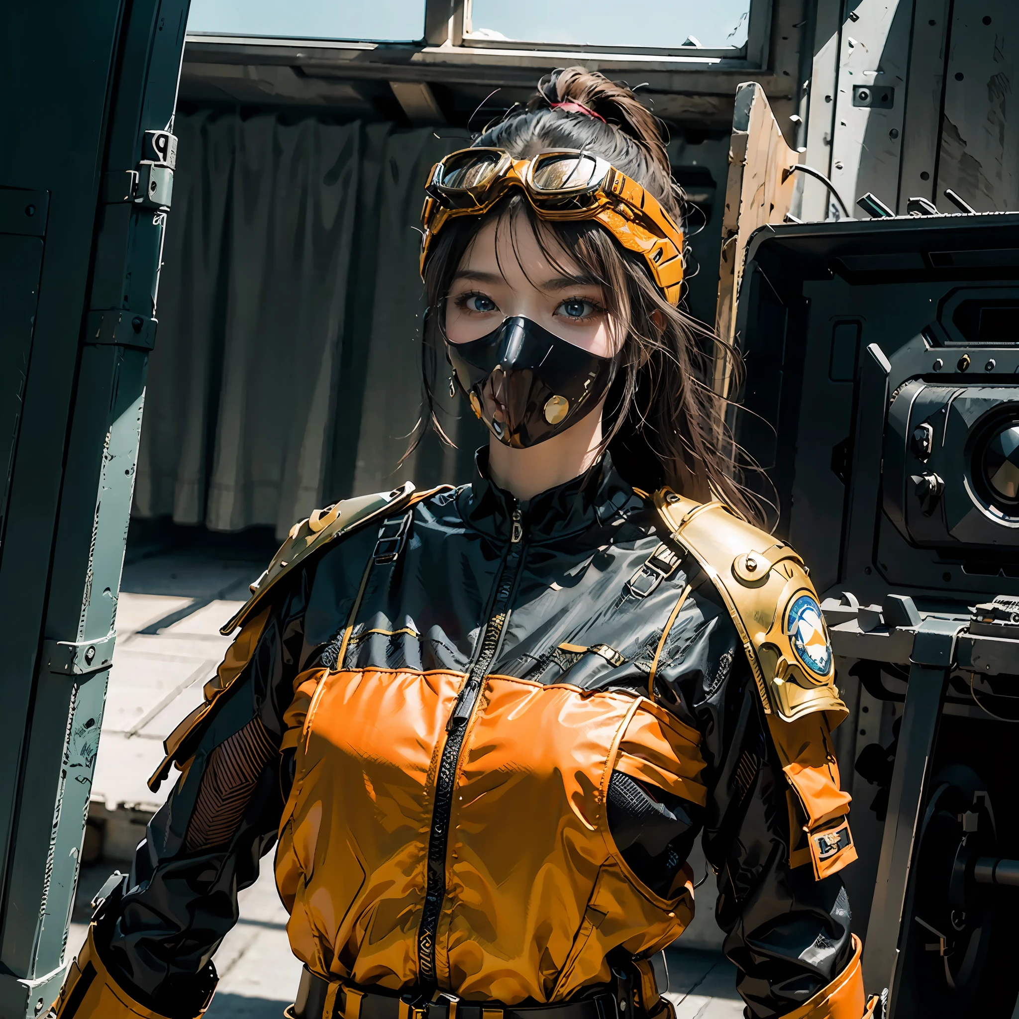 in a panoramic view，photorealestic，cyber punk style，Blue sky, Fly a sci-fi plane，A military base at the foot of the modern Great Wall，3girl，Wear black Chinese high-tech clothing，Dressed in gorgeous gold Chinese high-tech armor，Wearing a gold high-tech helmet，Black high-tech mask，High-tech goggles，High-tech equipment hangs on the body，High-tech motorcycle，High-tech combat vehicles，Armed with a sci-fi sabre，Carry a sci-fi rifle，Standing in front of a military base，Sharp eyes，professinal，Meistwick，commissioned，best qualtiy，color corrected，After fixation，Retouching，Improvement，Epic，Tone-mapping，the detail， highly  detailed， digitial painting， art  stations， Conceptual map of the long dam， Smoothness， Sharp focus， Beautiful illustration， photore， The light from the back window is backlighted， 动态照明， Mist， 复杂， cinematic grain， professinal， face to the viewer，（Beautiful m3d_woman， Perfect M3D_face,）， Volumetriclighting， subsurfacescattering， Good highlights， Good shadows， cinematic ligh