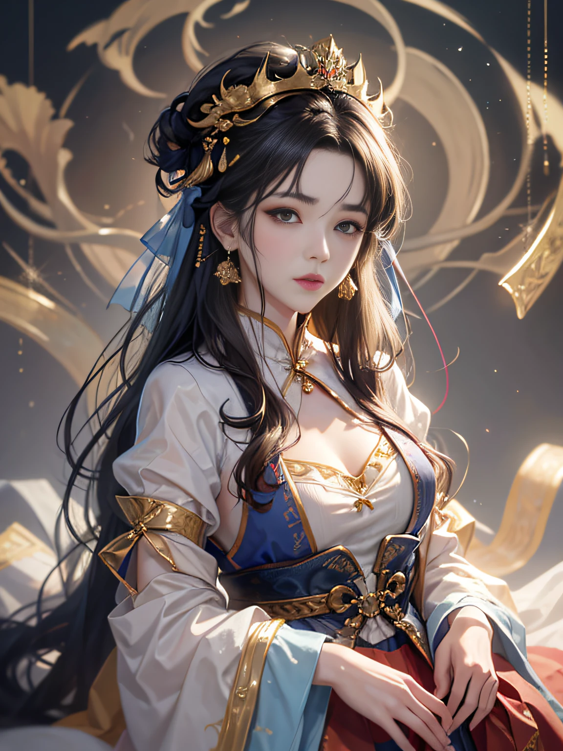 (tmasterpiece,top-quality,optimum,offcial art,Beautiful and aesthetic,Long exposure:1.2),(((Lie down))),Charming Patterns, 1 rapariga,(Long skirt with sleeves:1.3),ChineseGirl,Blushlush,Black color hair, sportrait,detailedbackground,Detailed face,(crystallineAI, crystalline theme:1.1),Static posture,inside in room,((Lie down in bed)),Ethereal atmosphere,Fantasyart,photoRealstic,动态照明,art stations,poster for,Volumetriclighting,Very detailed faces,4k wallpapers,one-girl,long and flowing hair, White clothes,Flowing clothes,gossamer, full bodyesbian, Clear face,s the perfect face,dynamic viewing angle,cinmatic lighting, tmasterpiece, super detailing, Epic composition, hyper HD, high qulity, extremely detaile, offcial art,super detailing,best qualtiy,tmasterpiece,Ultra-fine resolution,(Photorealsitic:1.4),RAW photogr,(Solo exhibition:1.2),(cowboy lens:1.2),Traditional costumes of Dunhuang, China,(Black eyes:1.4),Dynamic Angle,Messy long hair,ink,电影灯光,velvet,nipple tassels,Ribbons,color embroidery,facing at camera,{Clothing covers the chest}, (((white clothes))),