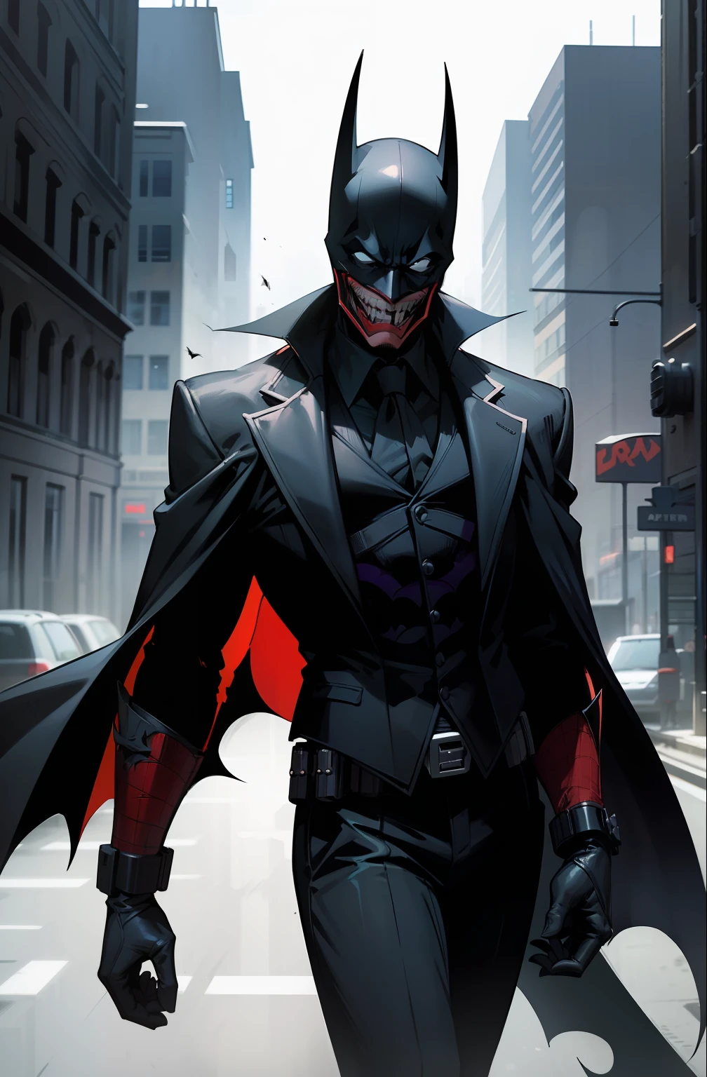 Batman the death joke per person, The Batman Who Laughs, Joker wearing Vader's armor suit, Joker wearing Vader's armor, evil villain grin, In Batman comics, Batman as Joker, Joker as Batman, In comics from Batman, grim, evil smile, evil grin, jason fabok, joker smile, Arkham, in Batman, wicked smile