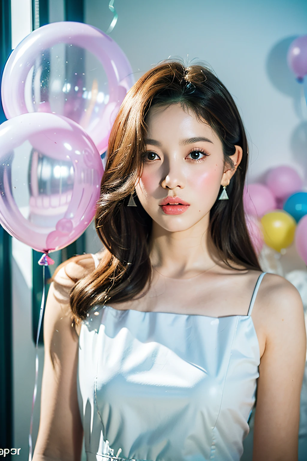 (Masterpiece:1.2),(CGI Art:1.3),(Realistic:1.5),(post-proces:1.3),(Sharp focus:1.3),8K,1 girl in bedroom, ((Upper body)), ((White dress)), (((Shiny skin))), (Wide shot:1.4), window, (((Pastel balloons MESS IN BACKGROUND))), (high shadows detail) , (illustration:1.2), (Ulzzang-6500:1.0), ((hdr)),