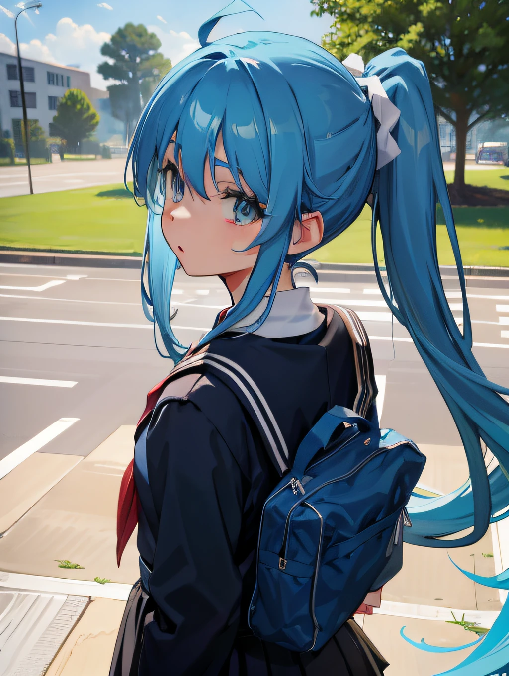 Long blue hair, long ponytail tied on both sides of the head, loli, school uniform, proud, campus playground background