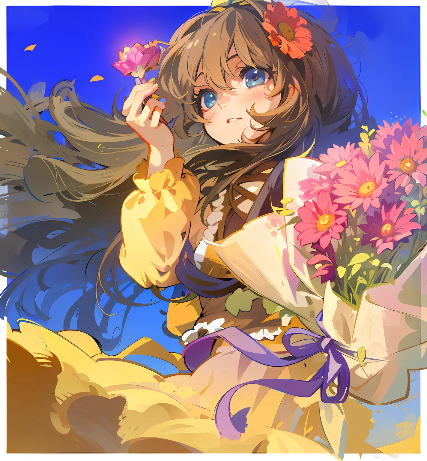 anime girl with flowers in her hair and blue eyes, anime moe art style, beautiful sunflower anime girl, With flowers, from touhou, pixiv contest winner, (Anime girl), anime art style, touhou character, , made with anime painter studio, pretty anime girl, Cute anime girl, holding magic flowers, High Quality Anime Art Style, turning around,back to look back