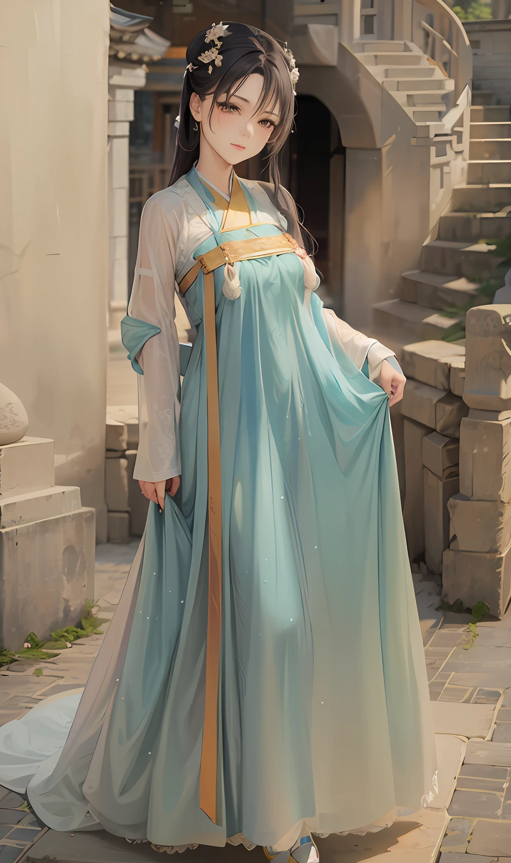 Woman in blue dress standing in front of a stone building, Hanfu, Palace ， A girl in Hanfu, White Hanfu, floating dress, with acient chinese clothes, Chinese costume, flowing magical robe, Wearing ancient Chinese clothes, Beautiful image, Chinese dress, Traditional Chinese clothing, Flowing robes, flowing robe, Cheongsam, Beautiful, 8K))