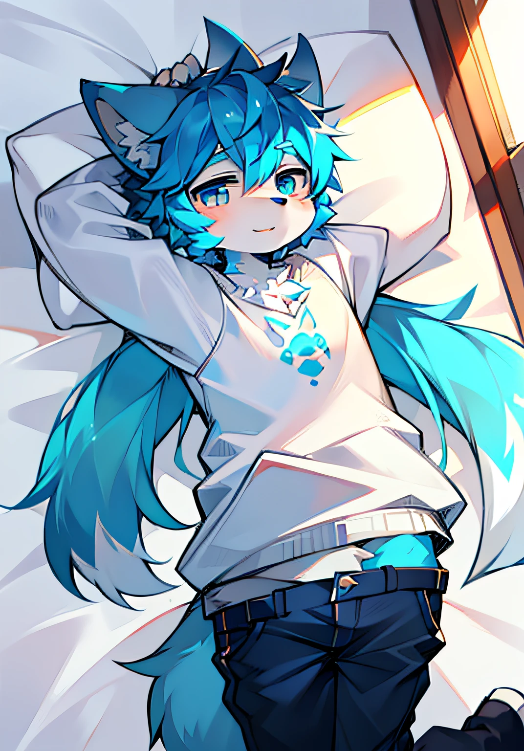 A cute wolf child boy covered in white and blue fur,The pupils are different,Blue paws,Wolf ears ,White clothes and pants