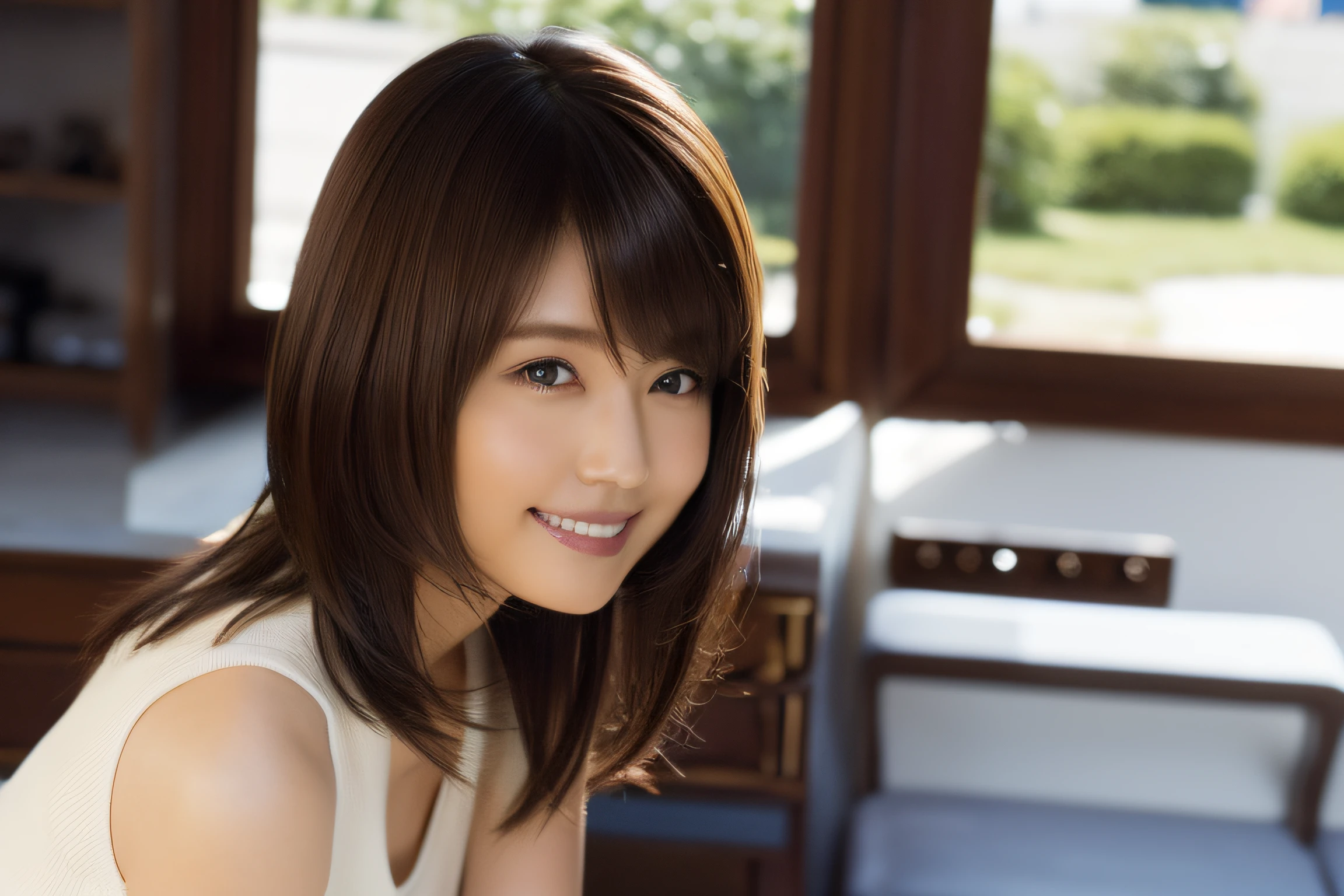 Best Quality, 超A high resolution, (Photorealistic:1.4), Raw photo, (upper thigh, From Side:1.1), (Bokeh:1.4), (sit on a bench), (in a suite:1.6),window, 1日本人の女の子, Cute, (Solo:1.6), (Shy smile), (Brown eyes), Smooth skin, (Brown medium hair,Bangs), (touch hair:1.4),nogizaka,a park