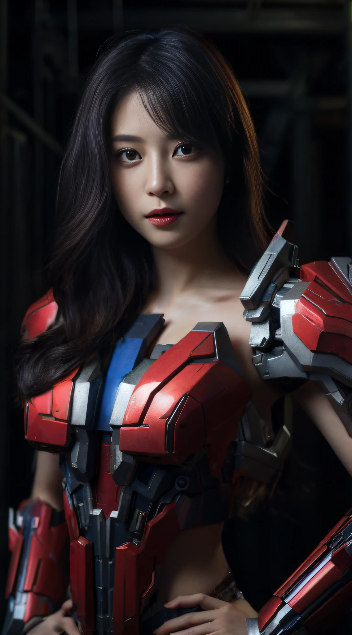 Chinese theme,RAW, Masterpiece, Ultra Fine Photo,Best Quality, Ultra High Resolution, Photorealistic, Sunlight, Full Body Portrait, Stunningly Beautiful,, Dynamic Poses, Delicate Face, Vibrant Eyes, ( Frontal View) , she is wearing a futuristic Optimus Prime mech, red and gold color scheme, highly detailed abandoned warehouse background, detailed face, detailed and complex busy background, messy, gorgeous, milky white, high detailed skin, realistic skin details, visible pores , sharp focus, volumetric fog, 8k uhd, dslr camera, high quality, film grain, fair skin, photorealism, lomography, sprawling metropolis in futuristic dystopia, view from below, translucent