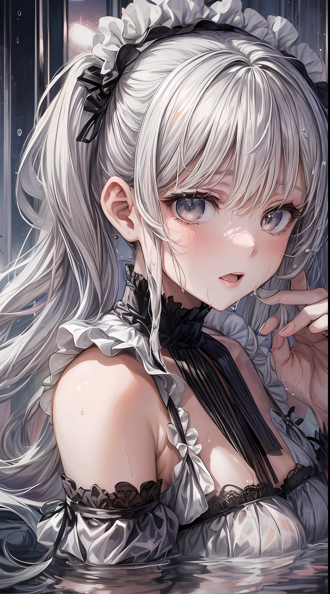 Girl,albino,white hair,white skin, gray eyes, very long hair, (twintail:1.4), hair accesory, she wearing a off shoulder black and white maid lace lingerie, (wet see thorugh:1.4)