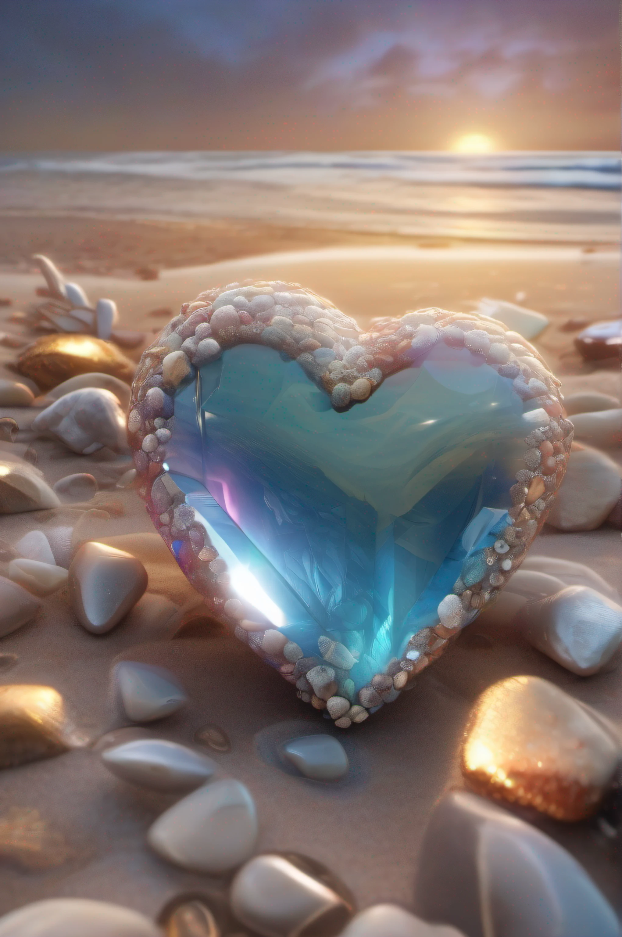 (8k wallpaper, .primitive, Photorealistic:1.25) ,( glossy side,, Best quality, Ultra-high resolution, Depth of field, color difference, Caustics, Special light) ,Iridescent color style,(dreamy and romantic compositions:1.5),Bright style,Crystal clear stone,Heart-shaped stone,sandbeach,with light glowing,rays of sunshine,