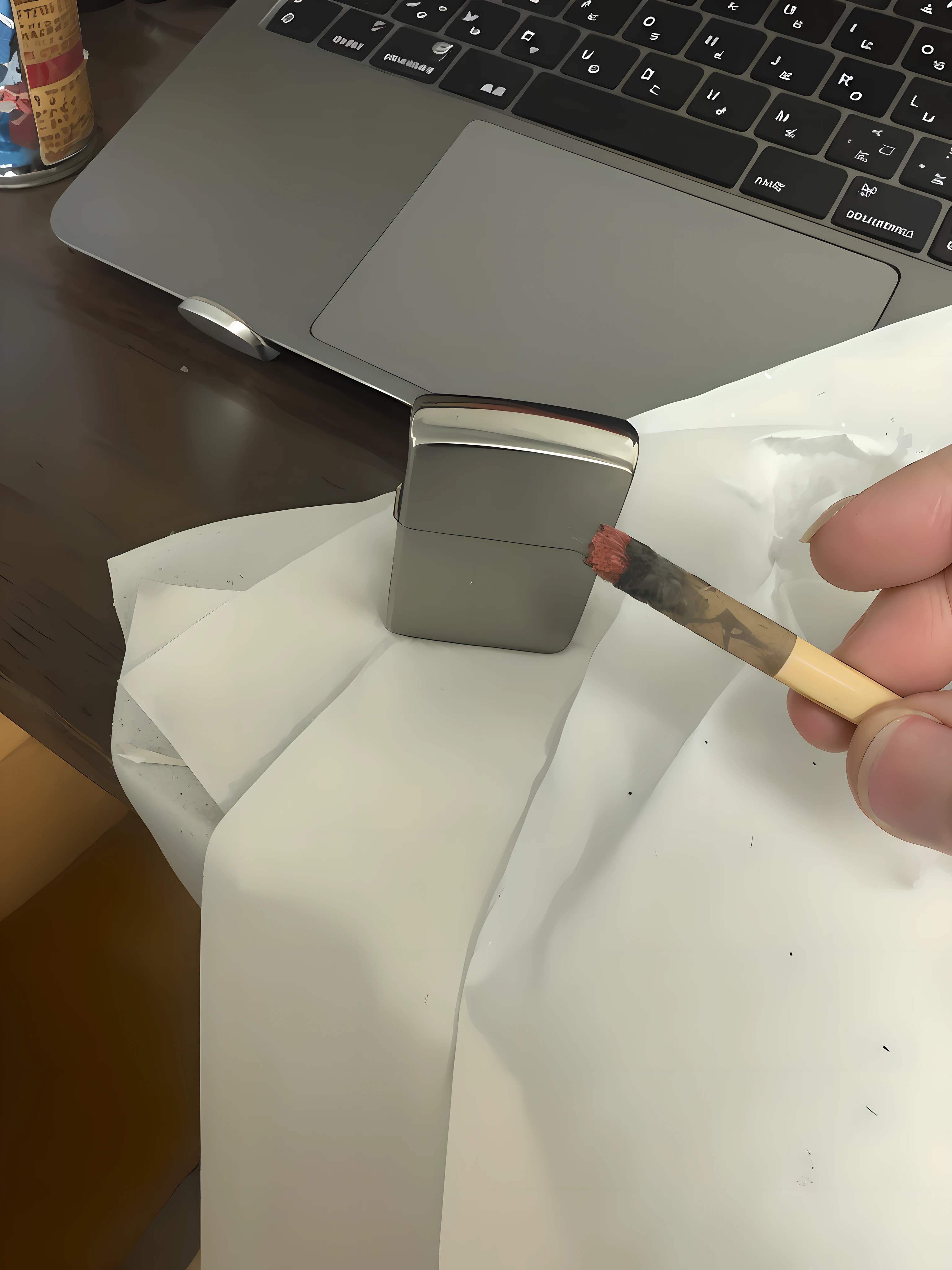 Someone is cutting a matchstick with a lighter on the table, Smoking a soldering iron, smoking tobacco🚬, Has a small arc, Sucking joints, Drawn with a thin brush, Repair the other, painted with a thick brush, holding a small knife in your hand, colored accurately, Take a cigarette snuff, Have a burning piece of wood, dull smoking