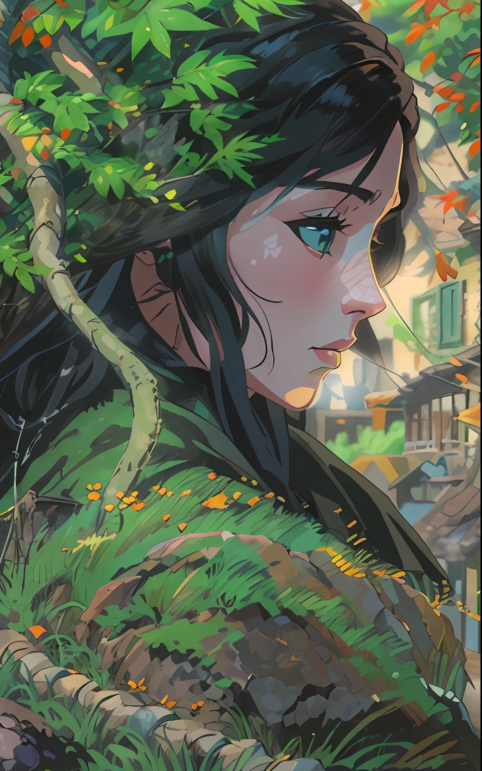 独奏.  In the foreground is a throne +A girl of thirty years old, in a long cloak, long dark hair, looks at the dangling rope, an intricate, Pattern, Realistic fantasy, 7K,A hyper-realistic, hyper-detailing, analog style, The wind whirls the leaves, The leaves are twisted into a spiral, The leaves fall off, , humble, An old cloak, detailed skin, Matte skin, soft-lighting, sub-surface Scattering, Realistic, Heavy shadow, Masterpiece, Best Quality, ultra realistis, 8K, the golden ratio, Intricate, high detail, Film photography, soft focus, BREAK , Illustrate a monochromatic world with the addition of green, Use only shades of black, White & gris, To convey depth, Emotions and striking visual impact. Landscapes."street fighter", in the style of 0MIB, many people, slums