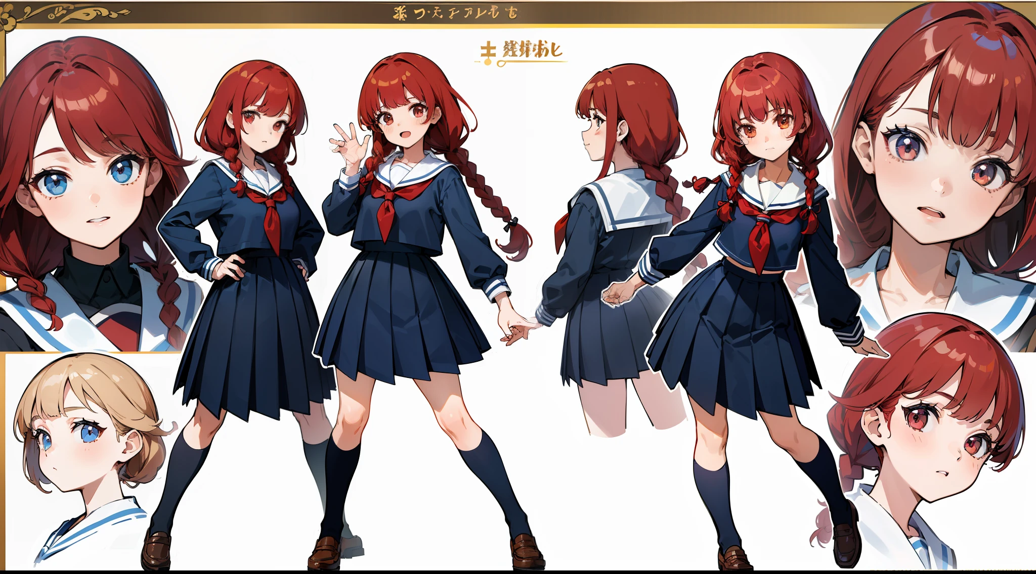 ((Masterpiece, highest quality)), detailed face, character sheet, Full body, full of details, multiple poses and expressions, highly detailed, depth, many parts, 2girls, twins, school uniform, seifuku, sailor uniform, long sleeves, red hair, braids, happy,