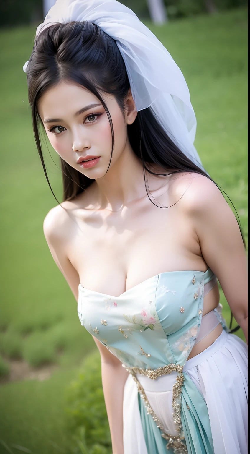 Fashion model 16 years old [[[[closeup cleavage]]]], [[[[boobgasm]]]], [[[[coll]]]], [[[[bshoulders]]]], perfect  eyes, Perfect iris，Perfect lips，perfect teeth，Perfect skin，Slender face，Soft front light，hdr，Movie girl，Casual，The background is green trees and fields；（pastel colour：1.2）