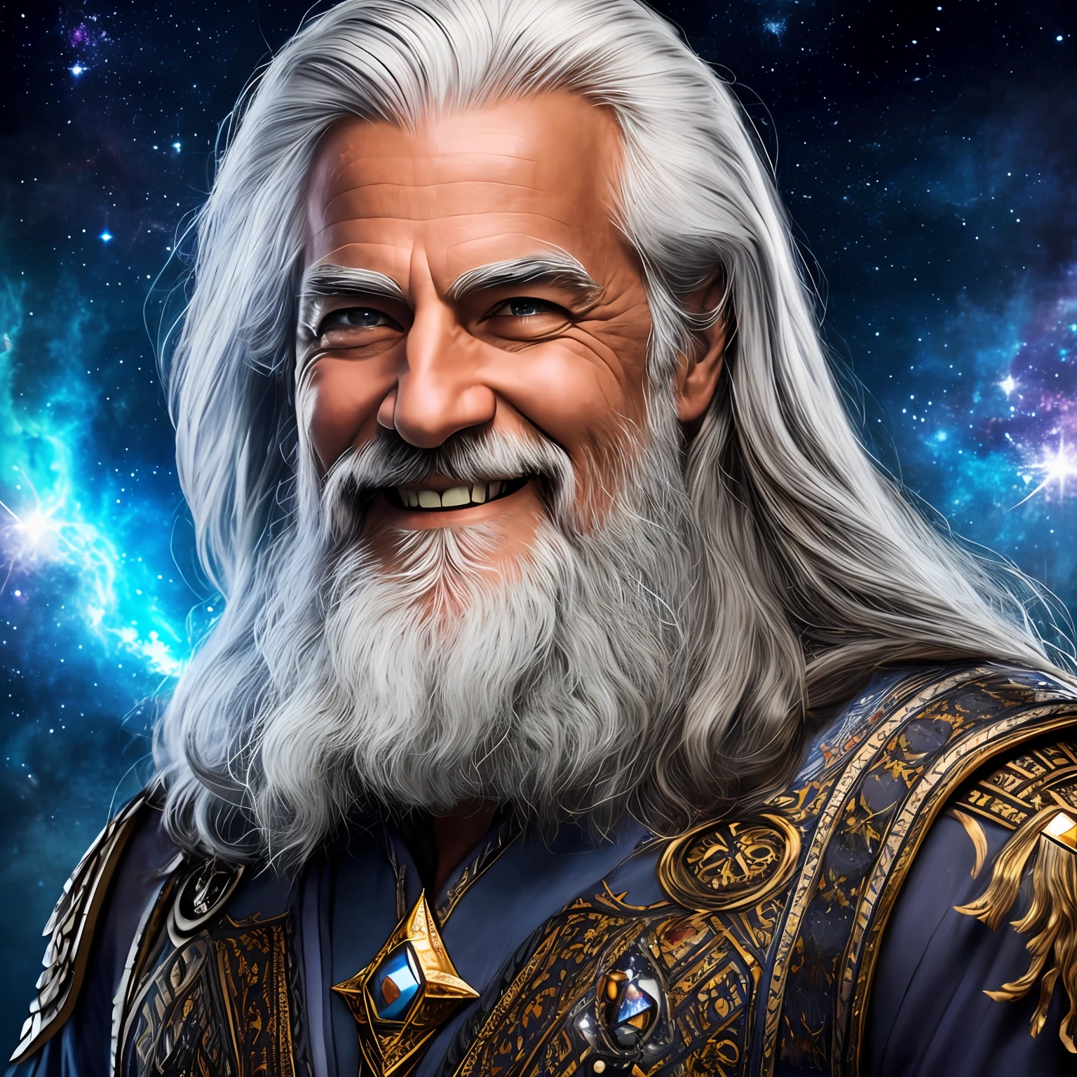 create perfectly-scentered portrait of cosmic male wizzard, front view, nice smile, he has grey hair, intricate details, HDR, beautifully shot, hyperrealistic, sharp focus, ?? megapixels, perfect composition, high contrast, cinematic --auto