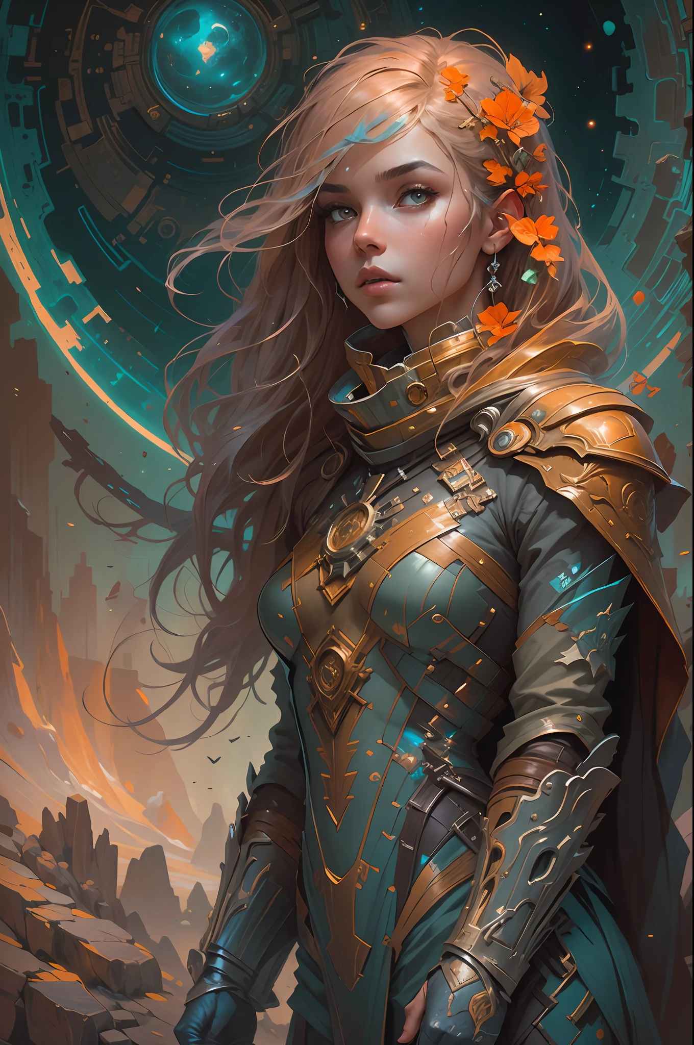 Portrait of a girl standing on a marvelous stone, standing gitl:1.2, (Low contrast ), colorfantasystyle, Oil painting on matte canvas, sharp detailed, the expanse scifi spacescape ceres colony, Intricate, Highly detailed, Digital painting, plethora of colors, smooth, Sharp focus, illustration, Unreal Engine 5, 8K, art by artgerm and greg rutkowski and alphonse mucha , art by midjourney