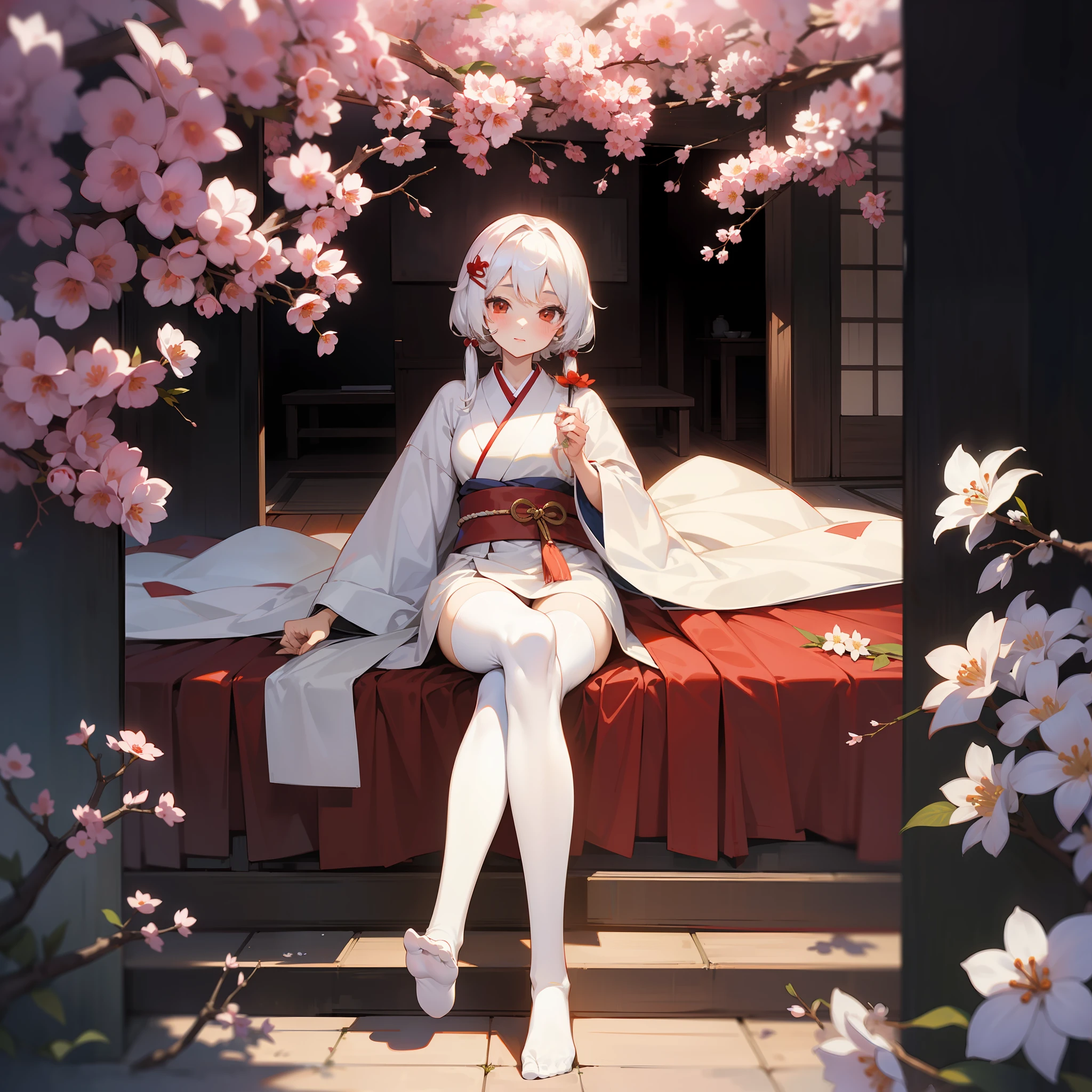 ((best qualtiy)), Beautiful portrait of a genki girl,Sweet girl,the cherry trees,exteriors,White hair,red color eyes,Japanese anime,White robe,Wear flower-shaped hairpins,There are flower-shaped ornaments around the waist,adolable,Anime figure,Bell in hand,detail-rich,show legs,fox ear,expose feet,White over-the-knee stockings,without wearing shoes