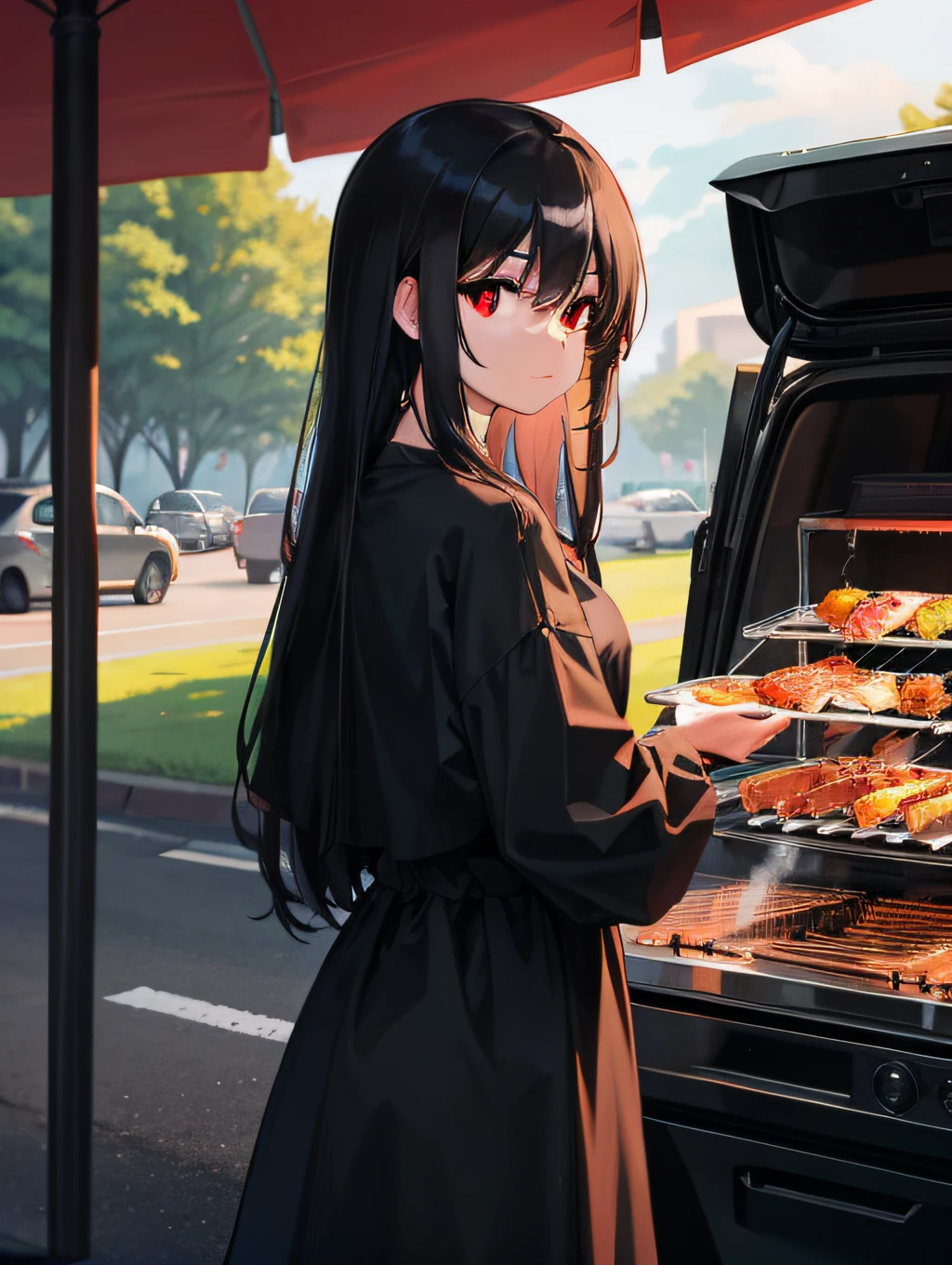 Long black hair, red eyes, wearing a long black dress, watching a barbecue stall on the side of the road