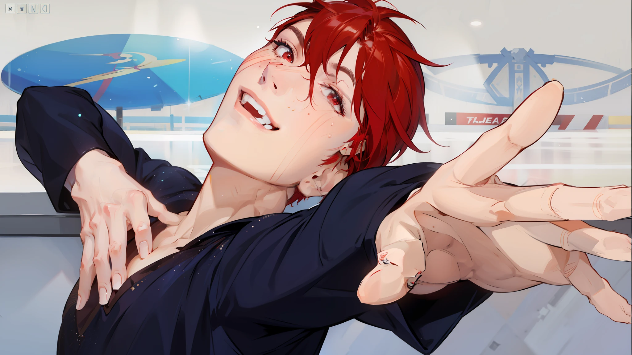Handsome man, red hair. Red eyes No eyelashes, no smiles, no sting, no sting, on the rink, posing beautifully, behind the rink, glittering dress, sweating a little, happy, shining, reaching out in front of you, posing beautifully.