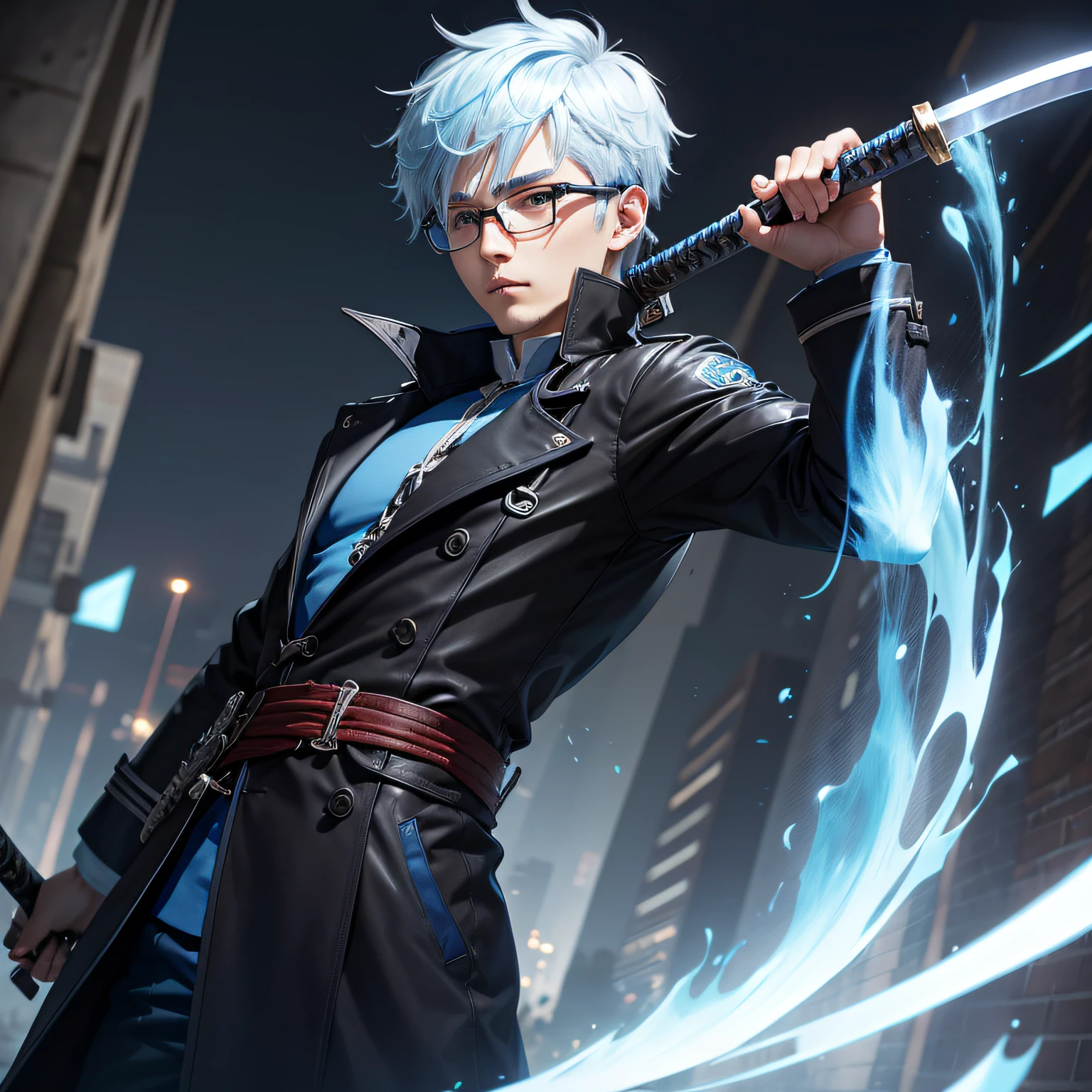 blue and white hair,shoun,wearing a trenchcoat,wearing black rimmed glasses,male people,Carrying a black katana --auto