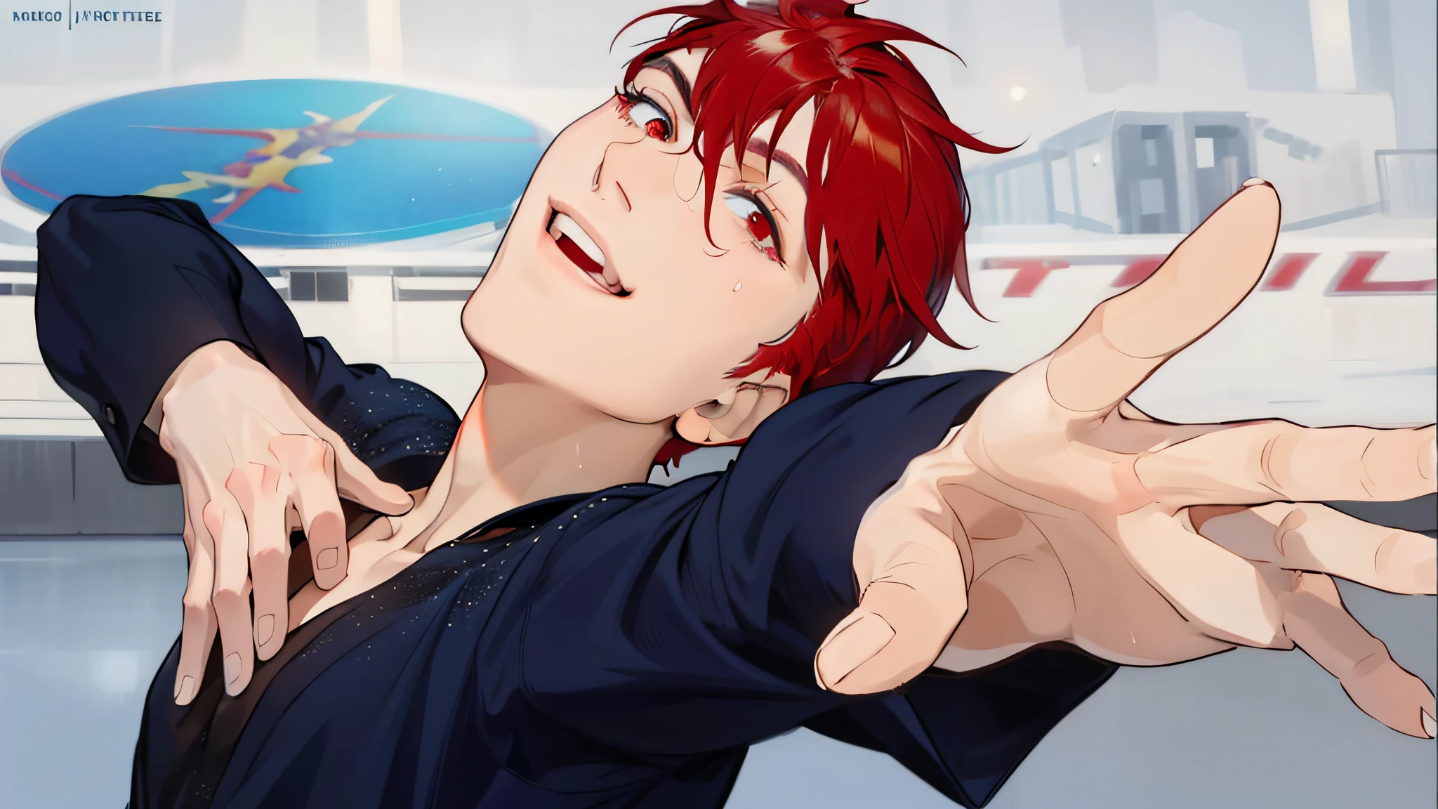 Handsome man, red hair. Red eyes No eyelashes, no smiles, no sting, no sting, on the rink, posing beautifully, behind the rink, glittering dress, sweating a little, happy, shining, reaching out in front of you, posing beautifully.