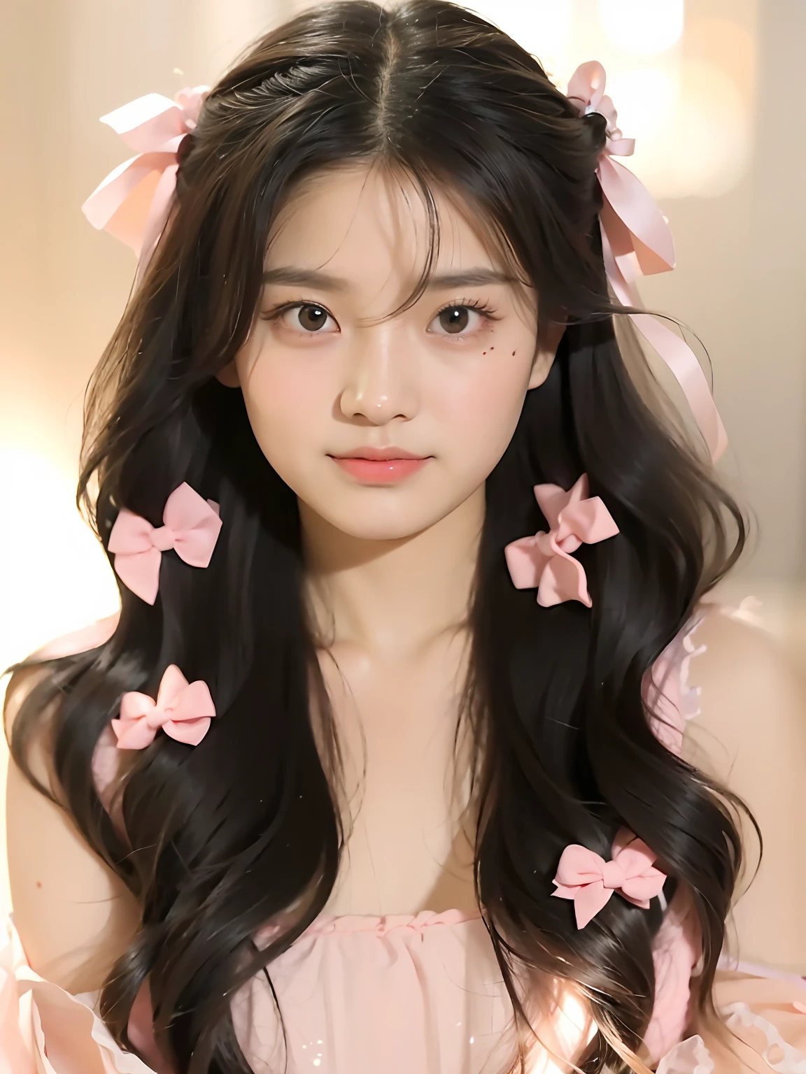 Close-up of a woman with long hair wearing a pink bow, shaxi, xintong chen, Li Zixin, chengyou liu, young cute wan asian face, Yun Ling, Kawaii realistic portrait, xision wu, inspired by Ma Yuanyu, cute beautiful, wenfei ye, portrait jisoo blackpink, lei min, cute delicate face, headshot profile picture