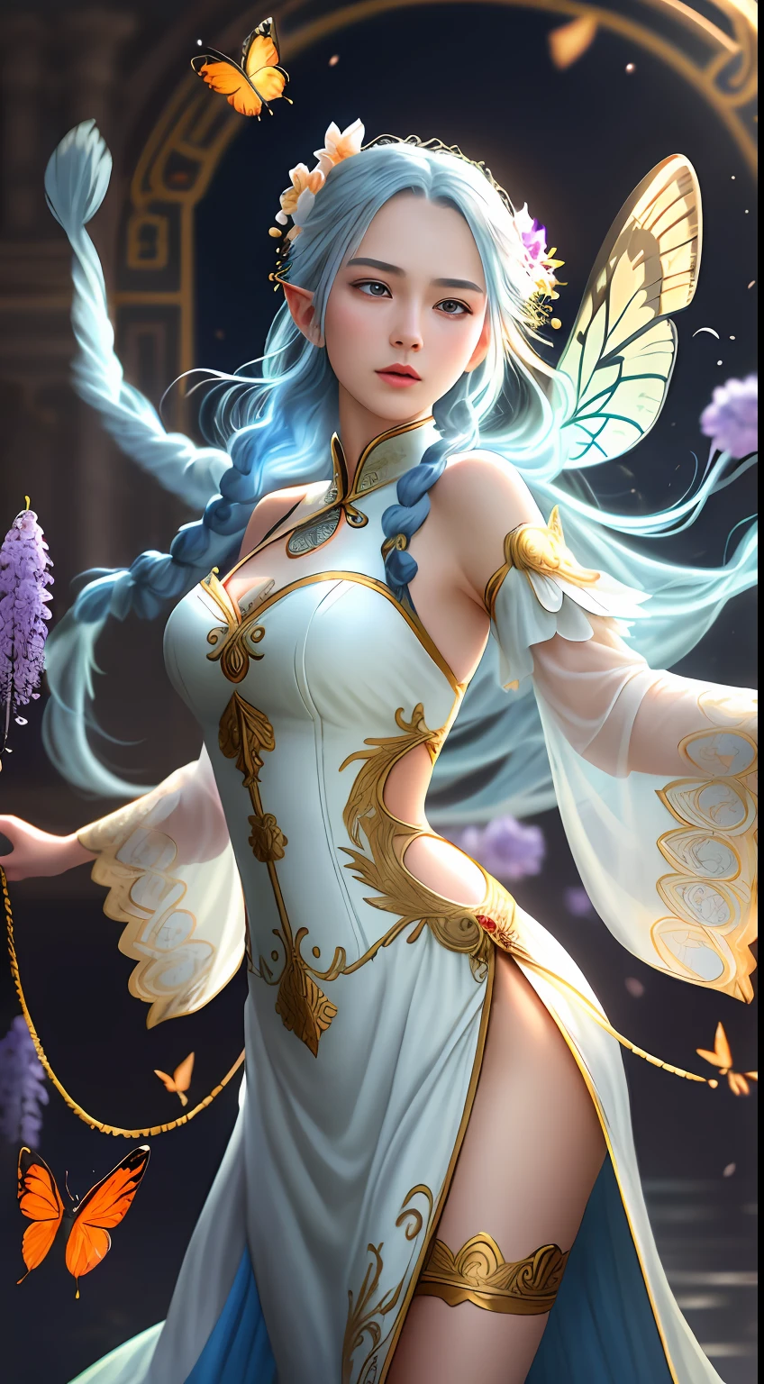 masterpiece, highres, realistic, photographic, exquisite body, gorgeous face, milky skin, intricate details, high resolution, high detail RAW color photo, wallpaper,. 1girl, long hair, bug, pointy ears, butterfly, flower, dress, white hair, solo, detached sleeves, wings, butterfly wings, hair ornament, open mouth, blue eyes, white dress, blue hair,Golden tassels, delicate embroidery patterns,The elaborate braids, the Greek dresses,chinese clothes,many wisteria,Whirlpool, entanglement, colorful flowers, dunhuang clothes,streamer,dancing, .VSCO A7, HDR, highres, depth field, boken, ISO 200, golden hour, vignette, rainbowing, The color is bright, Rich in color, dramatic angle, dynamic pose, overall view, backlight, from the Side below silk, many colorful, multicolored background, film grain, lens flare, dutch angle, motion blur, 16K, best quality,The color is bright, Rich in color style-paintmagic.