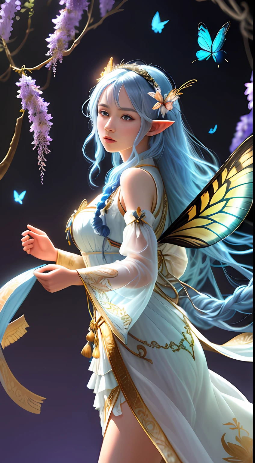 masterpiece, highres, realistic, photographic, exquisite body, gorgeous face, milky skin, intricate details, high resolution, high detail RAW color photo, wallpaper,. 1girl, long hair, bug, pointy ears, butterfly, flower, dress, white hair, solo, detached sleeves, wings, butterfly wings, hair ornament, open mouth, blue eyes, white dress, blue hair,Golden tassels, delicate embroidery patterns,The elaborate braids, the Greek dresses,chinese clothes,many wisteria,Whirlpool, entanglement, colorful flowers, dunhuang clothes,streamer,dancing, .VSCO A7, HDR, highres, depth field, boken, ISO 200, golden hour, vignette, rainbowing, The color is bright, Rich in color, dramatic angle, dynamic pose, overall view, backlight, from the Side below silk, many colorful, multicolored background, film grain, lens flare, dutch angle, motion blur, 16K, best quality,The color is bright, Rich in color style-paintmagic.