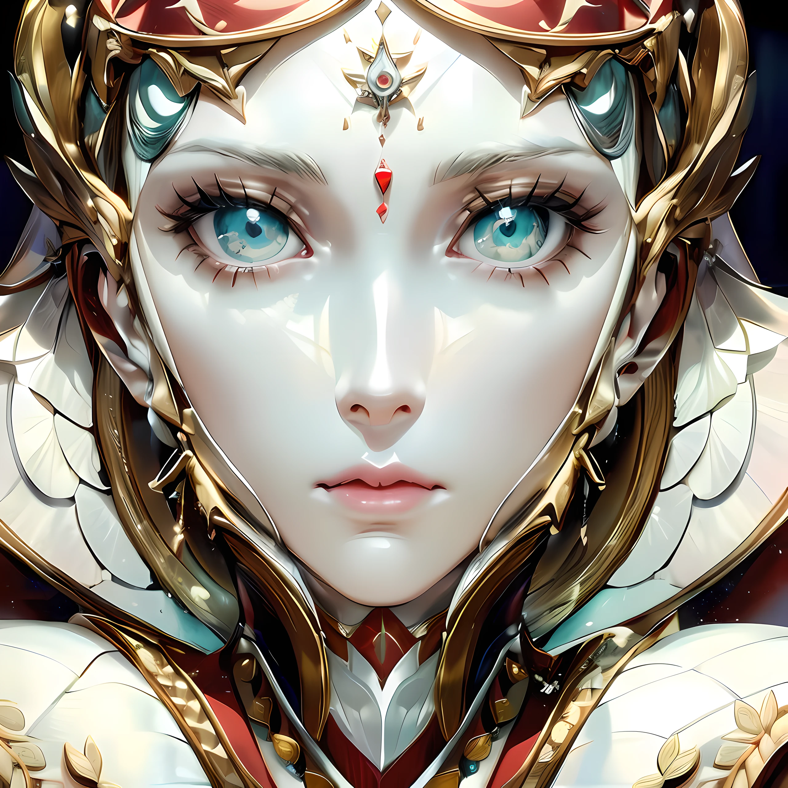 a hyperdetailed photographic portrait of a female android (((symmetrical))), that is sculpted in detail in a fused almalgam of these materials, white marble, fine porcelain, ivory and rose gold, that has a female  face with androgynous facial features, has a baroque aesthetic design and wears art deco clothing with green eyes.  zhongfenghua, (foto RAW, mejor calidad), (realista, fotorrealista: 1.3), extremadamente delicado y hermoso, incredible, finamente detallado, obra maestra, ultra detallado, altas, best  illustration, mejor sombra, intrincado, profundidad de campo, (dramatic illumination: 1.4), (desde arriba: 1.2), foco nítido, volumetric mist, 8k UHD, DSLR, alta calidad, (movie grain: 1.4), Fujifilm XT3, cuerpo completo, una hermosa joven con gabardina negra,  mitad humano mitad cara de robot, ((1 robot,1 robot,Mechanical costalis,mechanical spine))|Drab metallic color, el metal no tiene color, el robot no tiene color, The Robot Girl, The metal mixture, The Cyborg Girl), mirando al espectador, mirando hacia el frente, postura de lucha
(Cable:1.2),(Drive tube:1.2),(Machine eye:1.3),((Connection of the mechanical part)),((ambos brazos)|( Complex mechanical component: 1.2 ~ 1.6)),((costalis)|( articulaciones del robot: 1.2 ~ 1.6)), mecha streamlinerai, (sable de luz), tierra, milky_way, estrellado, agua, ((armadura)), agua, ola