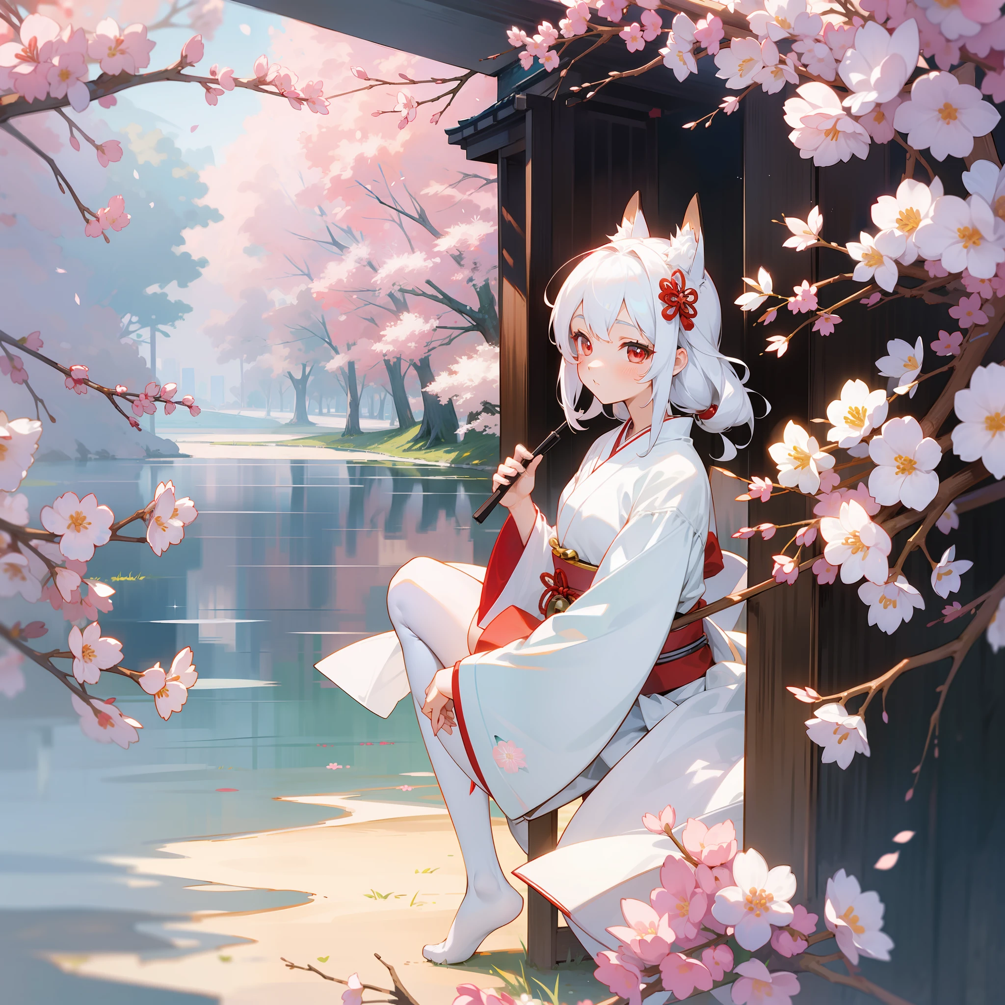 ((best qualtiy)), Beautiful portrait of a genki girl，Sweet girl，the cherry trees，exteriors，White hair，red color eyes，Japanese anime，White robe，Wear flower-shaped hairpins，There are flower-shaped ornaments around the waist，adolable，Anime figure，Bell in hand，detail-rich，show legs，fox ear，expose feet，White over-the-knee stockings，without wearing shoes，largeaperture