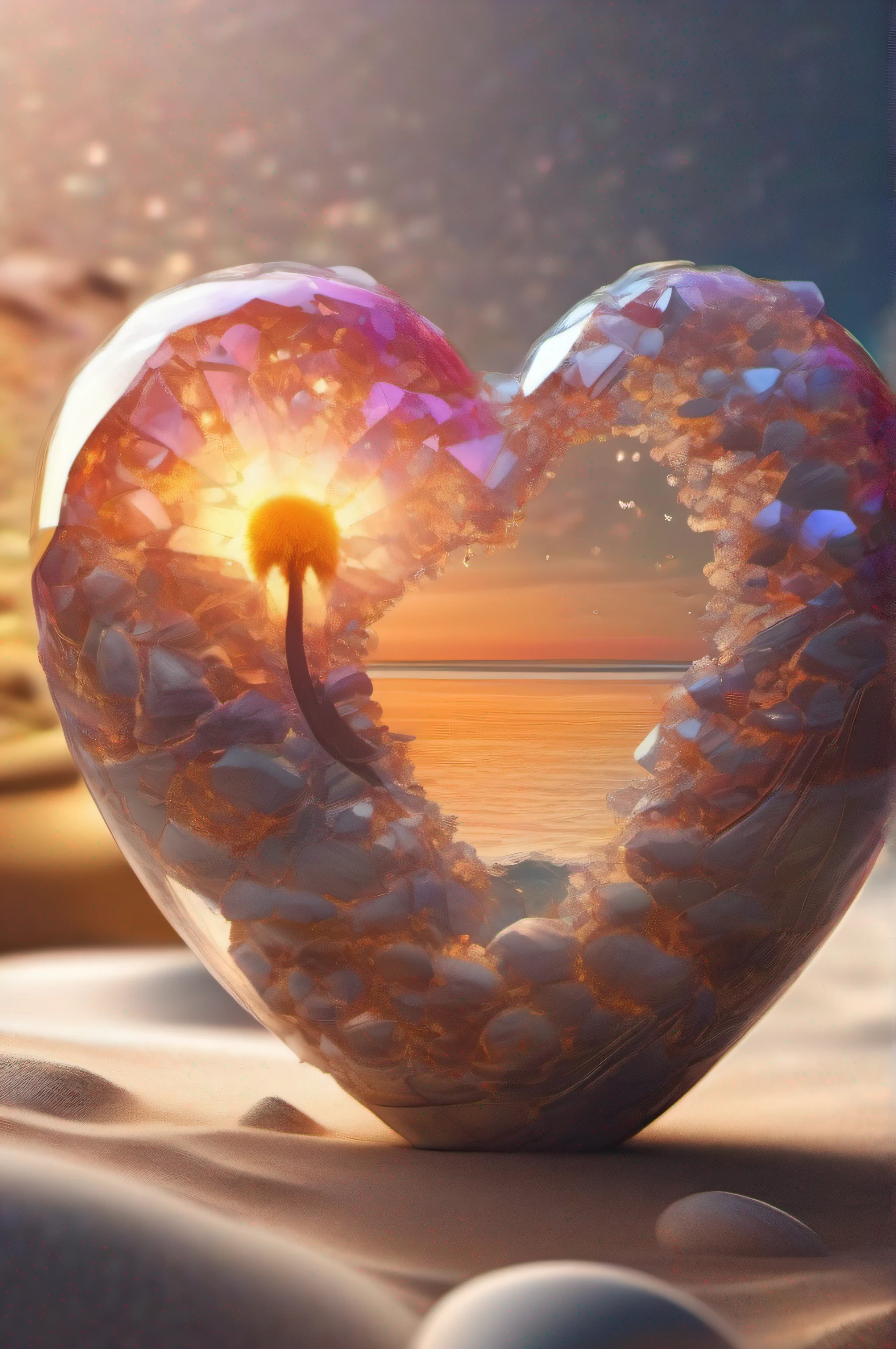 (8k wallpaper, .primitive, Photorealistic:1.25) ,( glossy side,, Best quality, Ultra-high resolution, Depth of field, color difference, Caustics, Special light) ,Iridescent color style,(dreamy and romantic compositions:1.5),Bright style,Crystal clear stone,Heart-shaped stone,sandbeach,with light glowing,rays of sunshine,