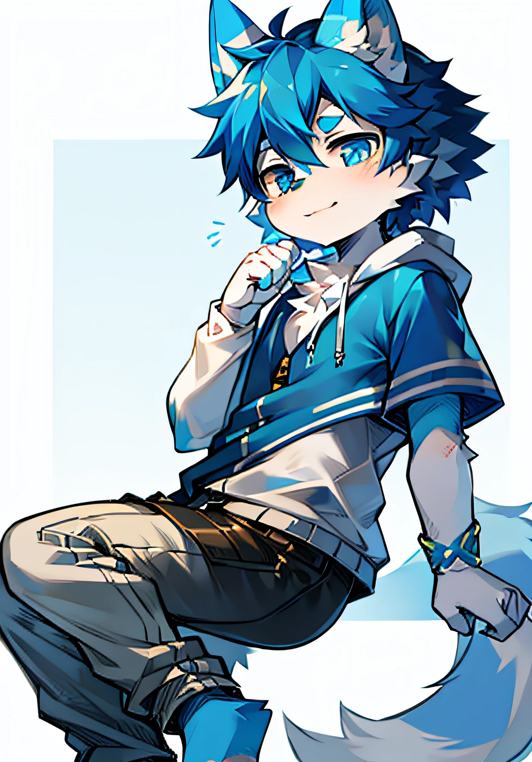 A cute wolf child boy covered in white and blue fur,The pupils are different,Blue paws,Wolf ears ,White clothes and pants