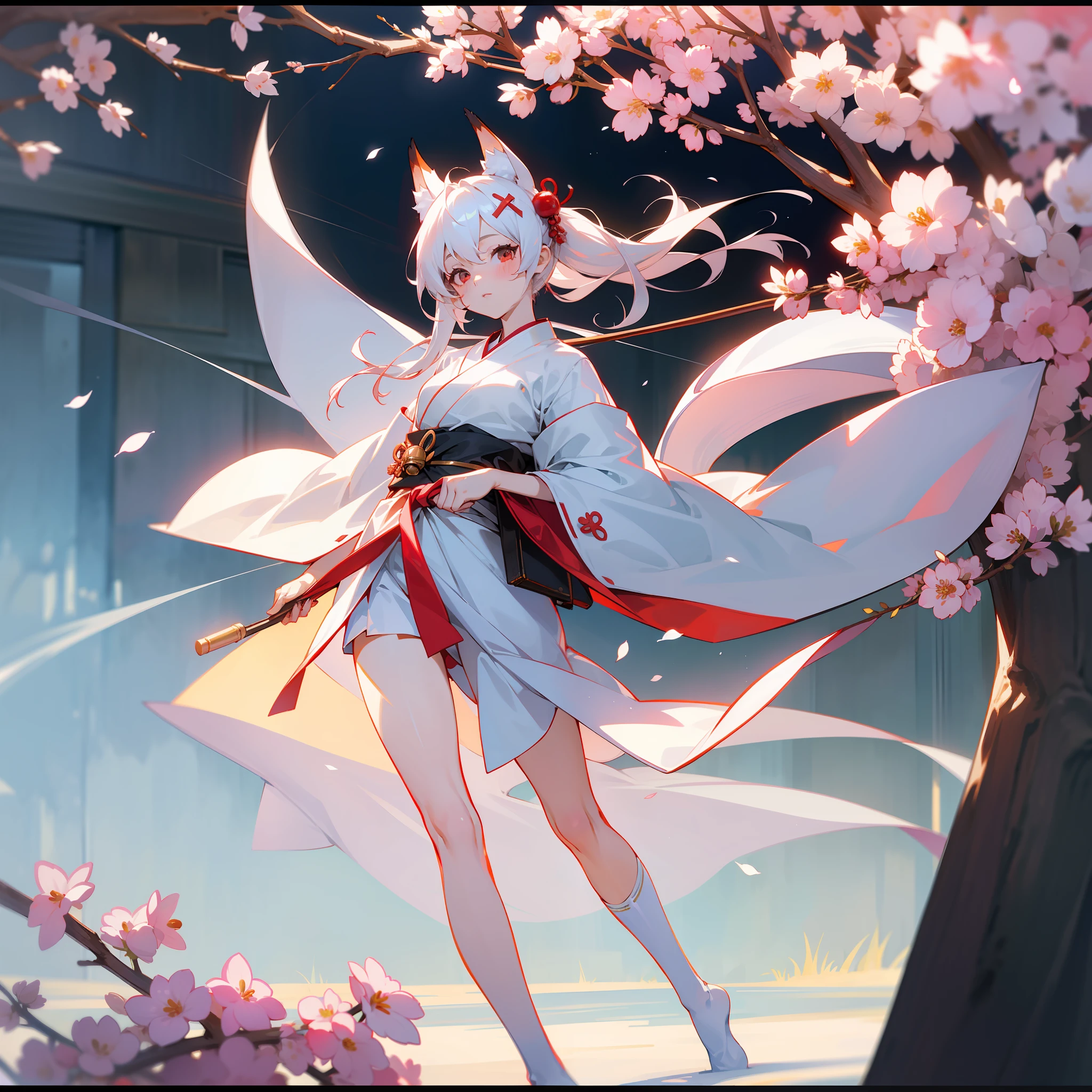 ((best qualtiy)), Beautiful portrait of a genki girl,Sweet girl,the cherry trees,exteriors,White hair,red color eyes,Japanese anime,White robe,Wear flower-shaped hairpins,There are flower-shaped ornaments around the waist,adolable,Anime figure,Bell in hand,detail-rich,show legs,fox ear,expose feet,White over-the-knee stockings,without wearing shoes,largeaperture