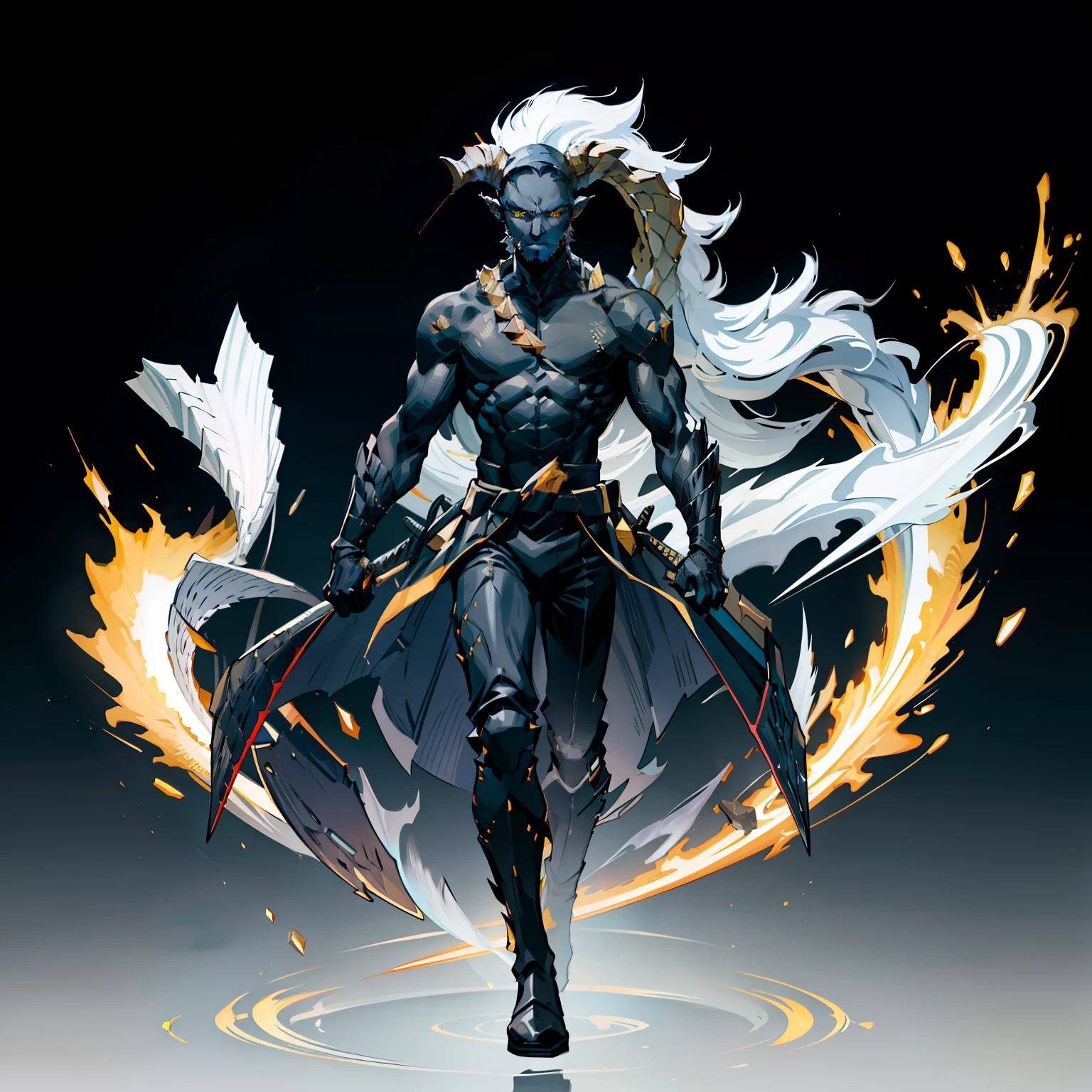 Black, ember, ???, Full body shot, No background, White background, Black skin, Steel-like body, Yellow eyes, Cool, Two horns, hero, skinny, One Person, Upright, long japanese sword