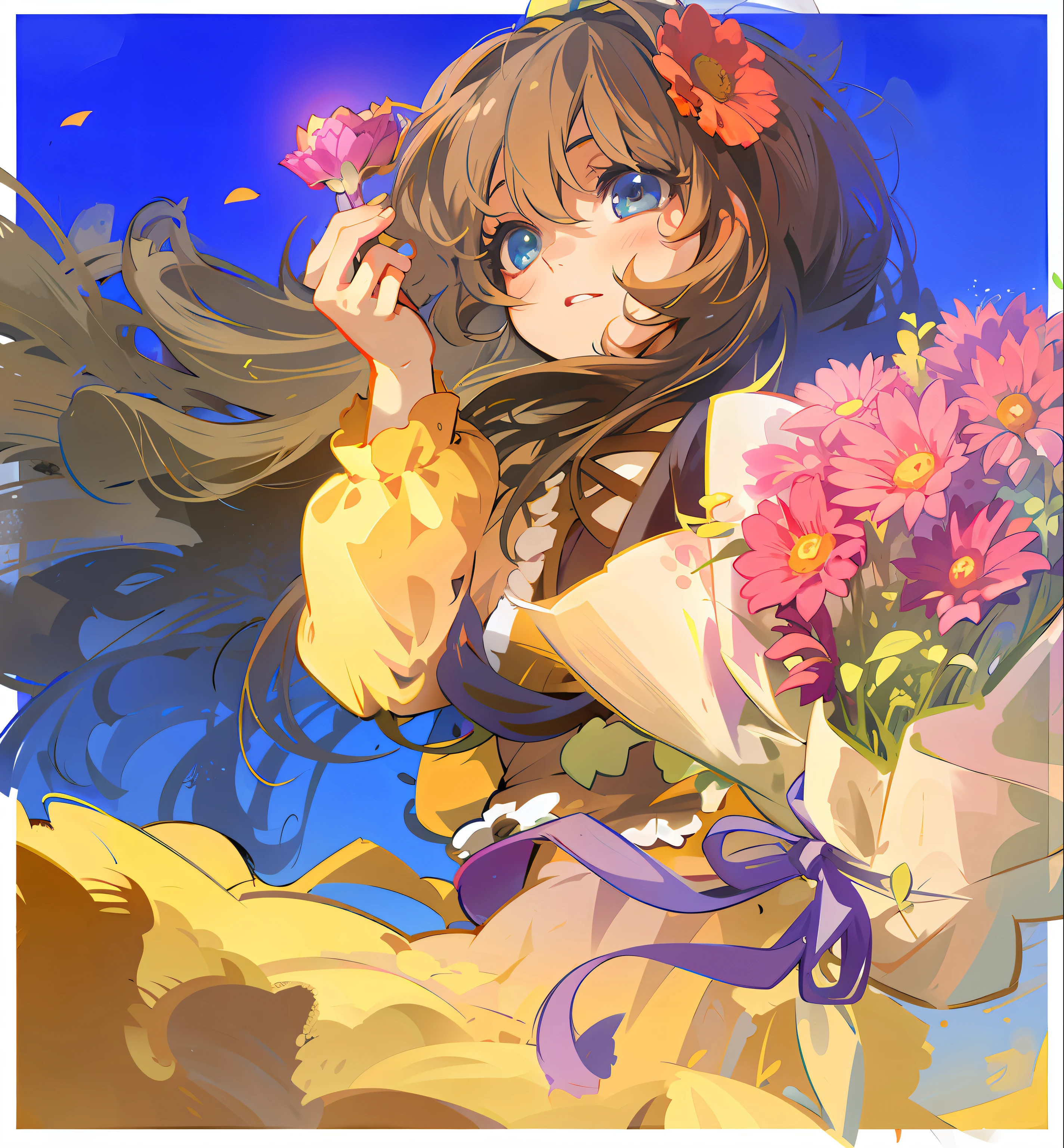 anime girl with flowers in her hair and blue eyes, anime moe art style, beautiful sunflower anime girl, With flowers, from touhou, pixiv contest winner, (Anime girl), anime art style, touhou character, Loli, made with anime painter studio, pretty anime girl, Cute anime girl, holding magic flowers, High Quality Anime Art Style, turning around,back to look back