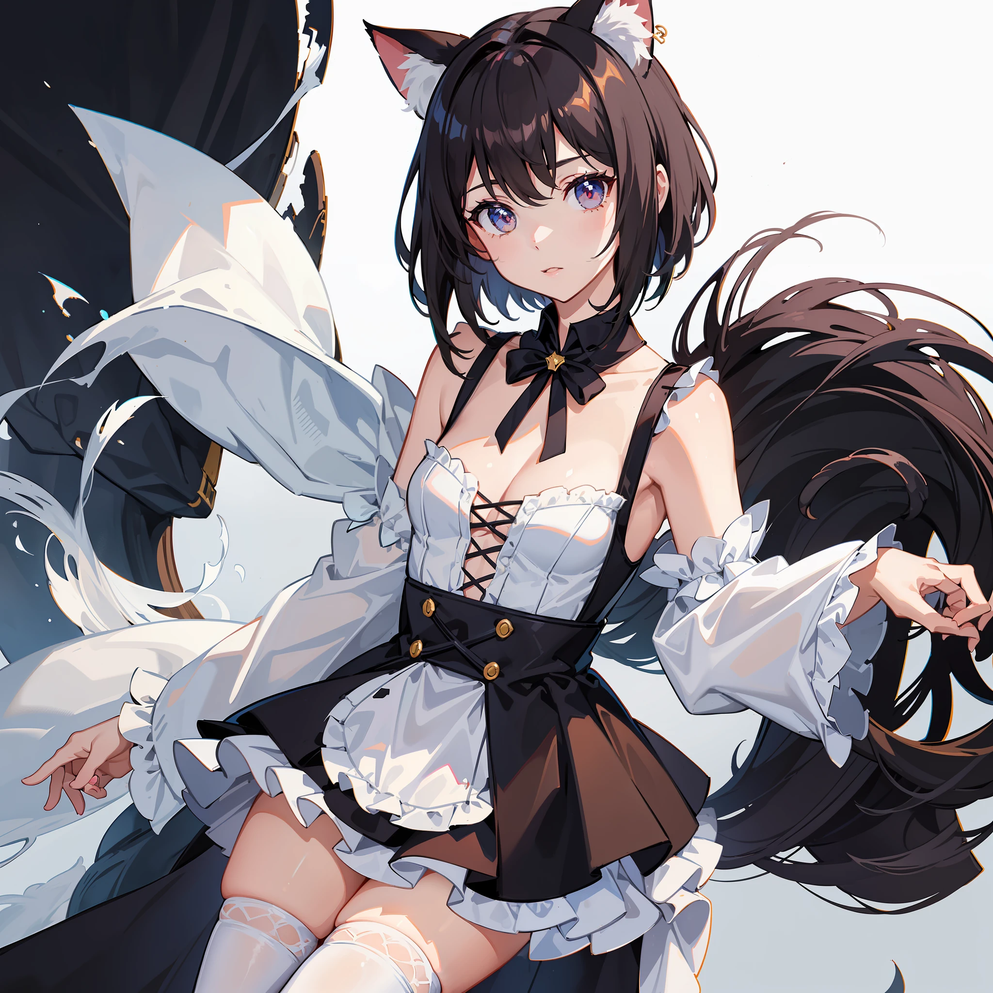 (Best quality),(Detailed), (1 girl),Kizi,a cat tail,There are cat ears on the top of the head,white thighhighs, short detailed hair,brunette color hair,Medium breasts,Small camisole vest