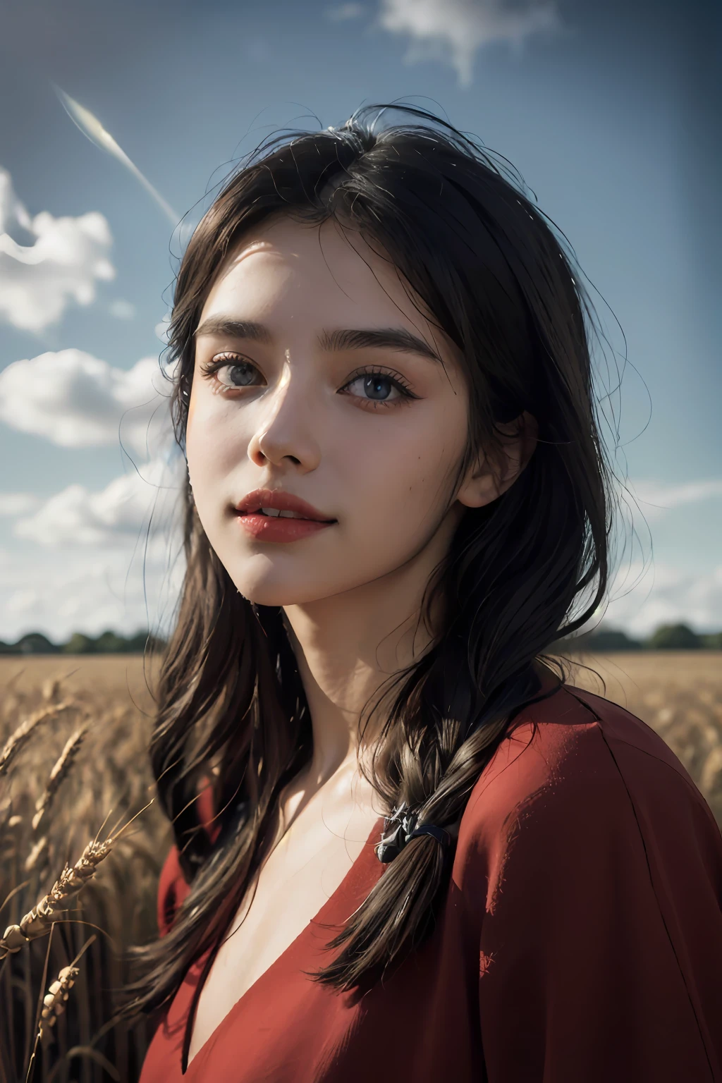 (tmasterpiece，best qualtiy，1girll，ssmile，tall nose bridge，Glow skin，eyes with brightness，Realistic wheat fields，with blue sky and white clouds，Red clothes，Gloomy contrast，Dingdall effect，sun light)