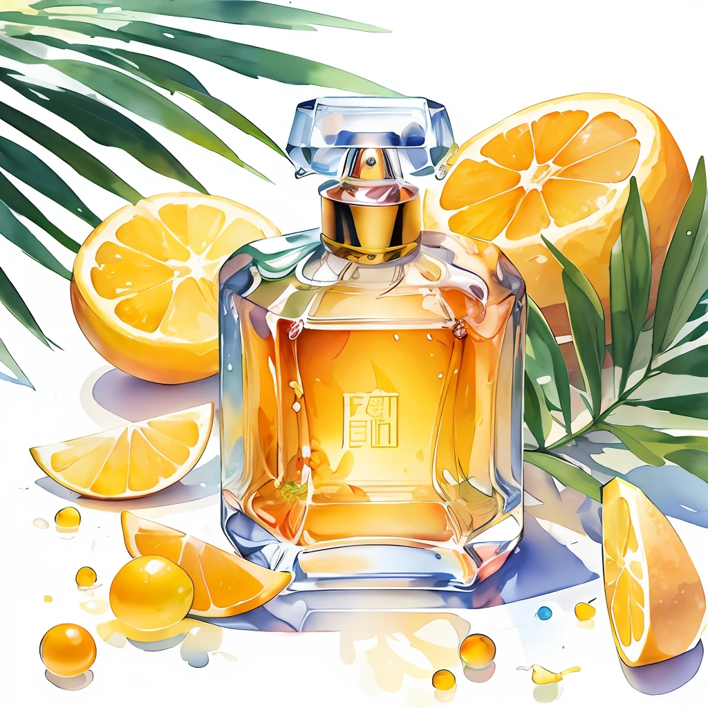 there is a painting of a bottle of perfume with oranges and leaves, watercolor artwork of exotic, by Yang J, by Zeen Chin, perfume bottle, watercolor illustration, perfume, detailed watercolour, by Jennifer Janesko, masterful detailed watercolor, highly detailed water colour 8k, highly detailed water colour 8 k, by Adrienn Henczné Deák