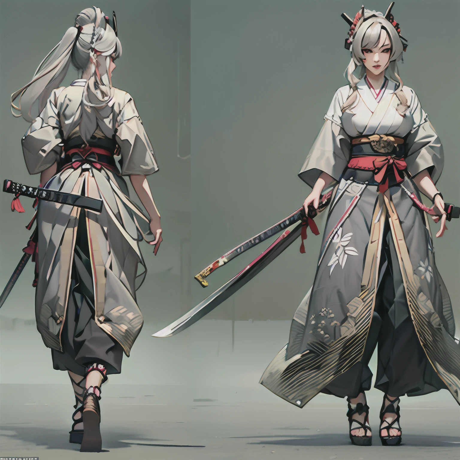 High-quality 3D graphics , Realistic 3D modeling, Realistic 3D shaders, beautiful and charming, A woman with a very glamorous body,Sexy Pose, Miyamoto Musashi, Two large Japanese swords,Korean idol style,Big breasts are revealed, big size ass, Silver hair, Roughly-tied horsehair, The traditional men's costume with a simple and rough design of simple and old, simple and old, is a Japanese costume, Rough hair, Light-colored tops, floor, Dark colors, The sidelines of the pants are open and exposed.., Intense facial expressions,