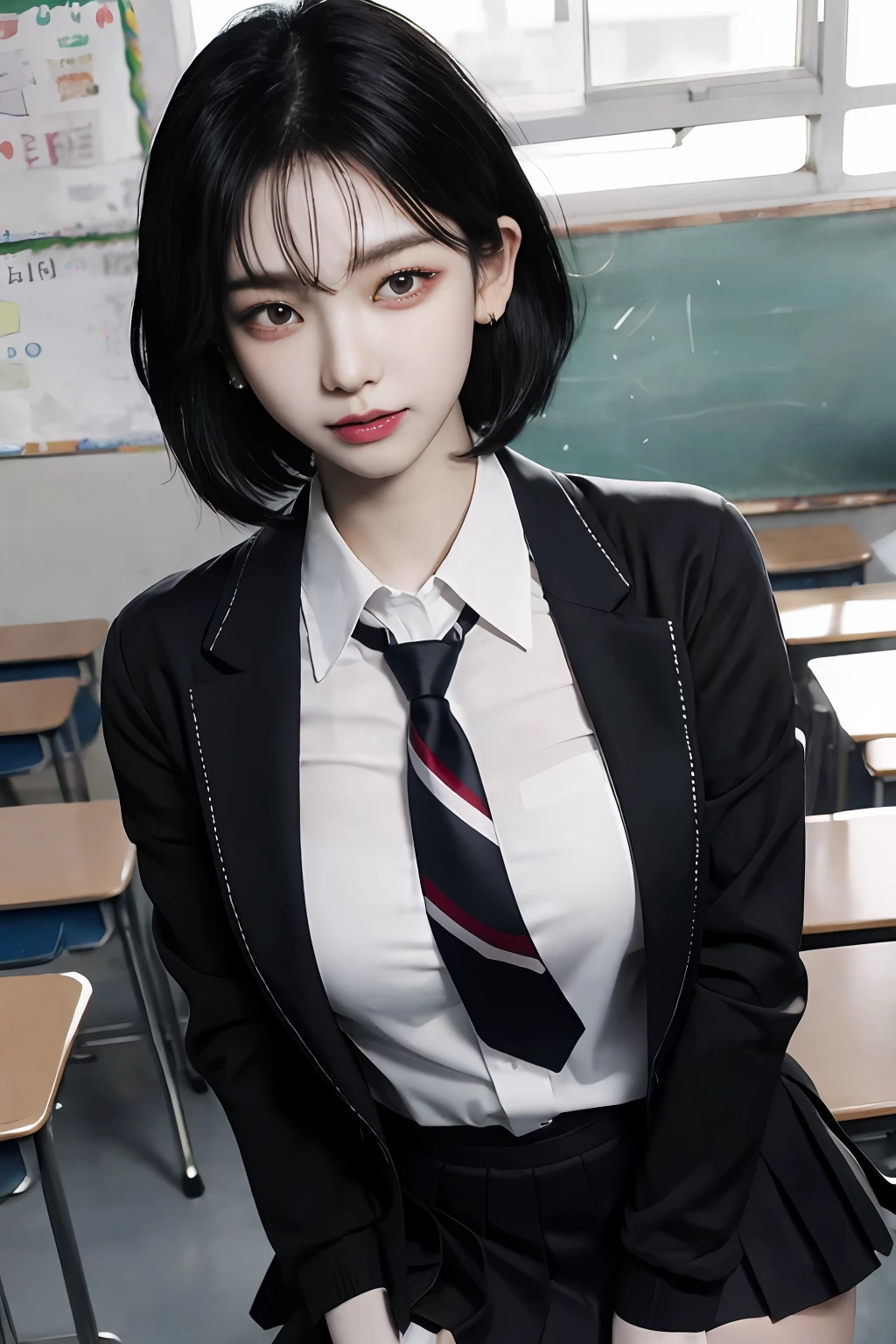 8K RAW photo, high resolution, 21 year old cool Korean, big round breasts, school uniform, tie, tie ribbon, blazer, skirt, beautiful eyes in detail, long eyelashes, beautiful double eyelids, eye shadow, slit eyes, sanpaku eyes, dark eye makeup, evil smile, beautiful thin legs, short hair gathered at the back, earrings, school classroom