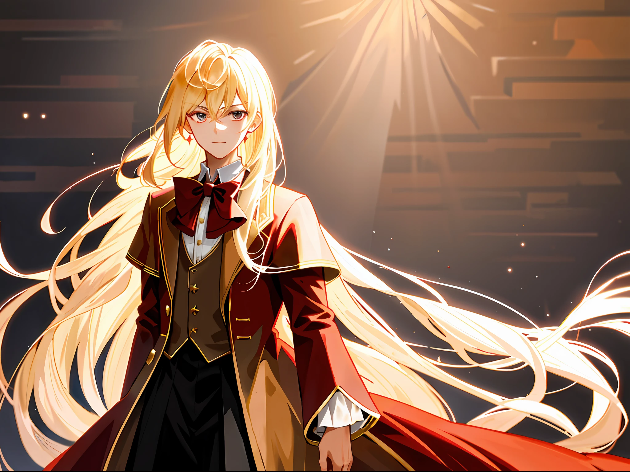 Dressed in Western-style aristocratic attire,A crimson coat draped over a crisp white shirt,The ruby color on the bow tie on the chest is searing,Beautiful blonde hair,Semi-long hair ends down to the shoulders,A pair of eyes like the sea,In the colorful light and shadow flowed the remaining clear light,A well-mannered Western aristocrat who came out of the Middle Ages,The height is about one meter six