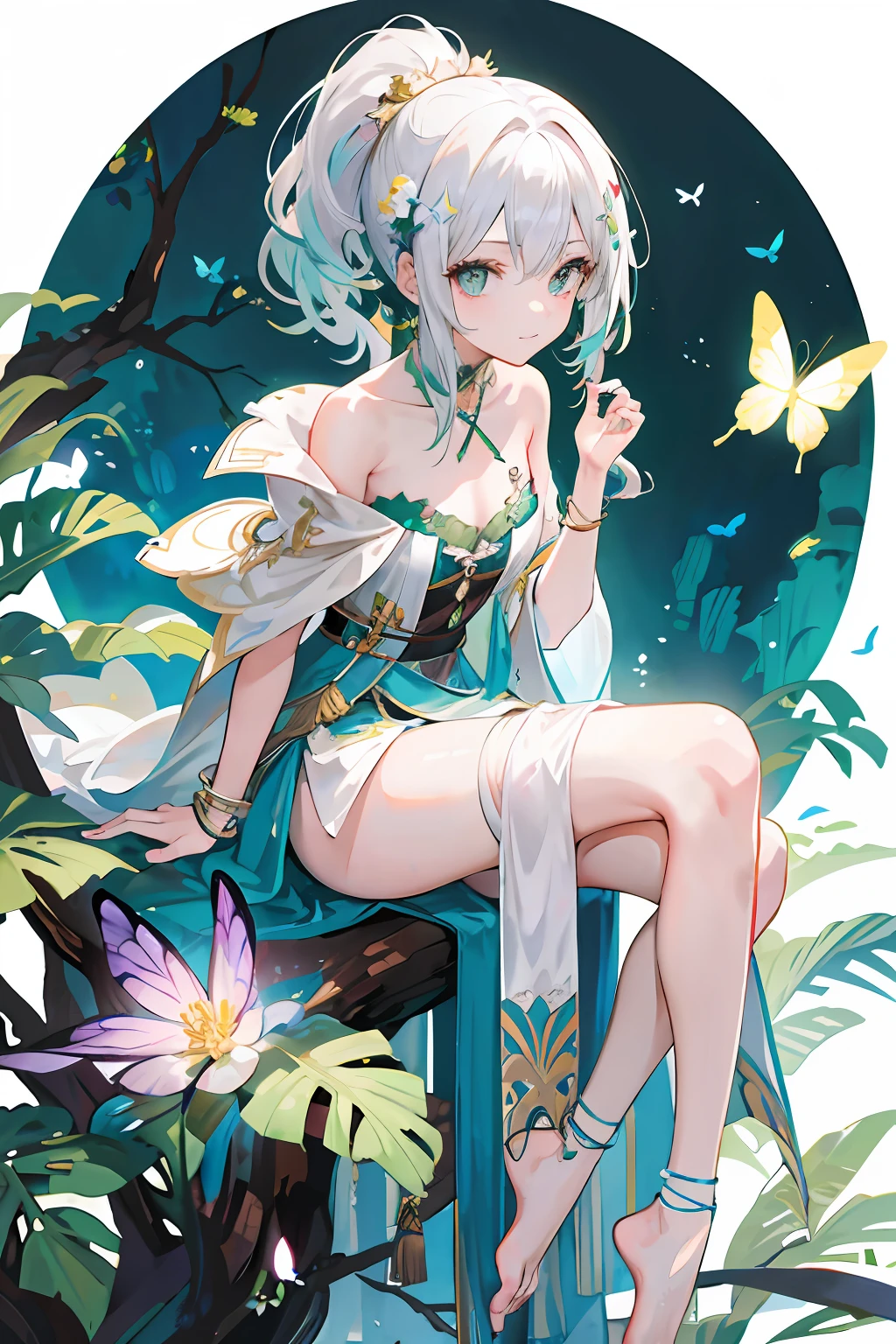 tmasterpiece，best qualityer，1girll，White color hair，Dye green hair，metal decoration，Bracelet，High ponytail，ssmile，Lilac eyes，brown robe，Dark green bandeau，in dark green cape，Expose the collarbone，Sit on a tree，Surrounded by falling flowers and butterflies，Brown shoulder straps，Barefoot，Bandages wrapped around the feet，Brown shawl，Flowers in hand，Four-pointed star pupil