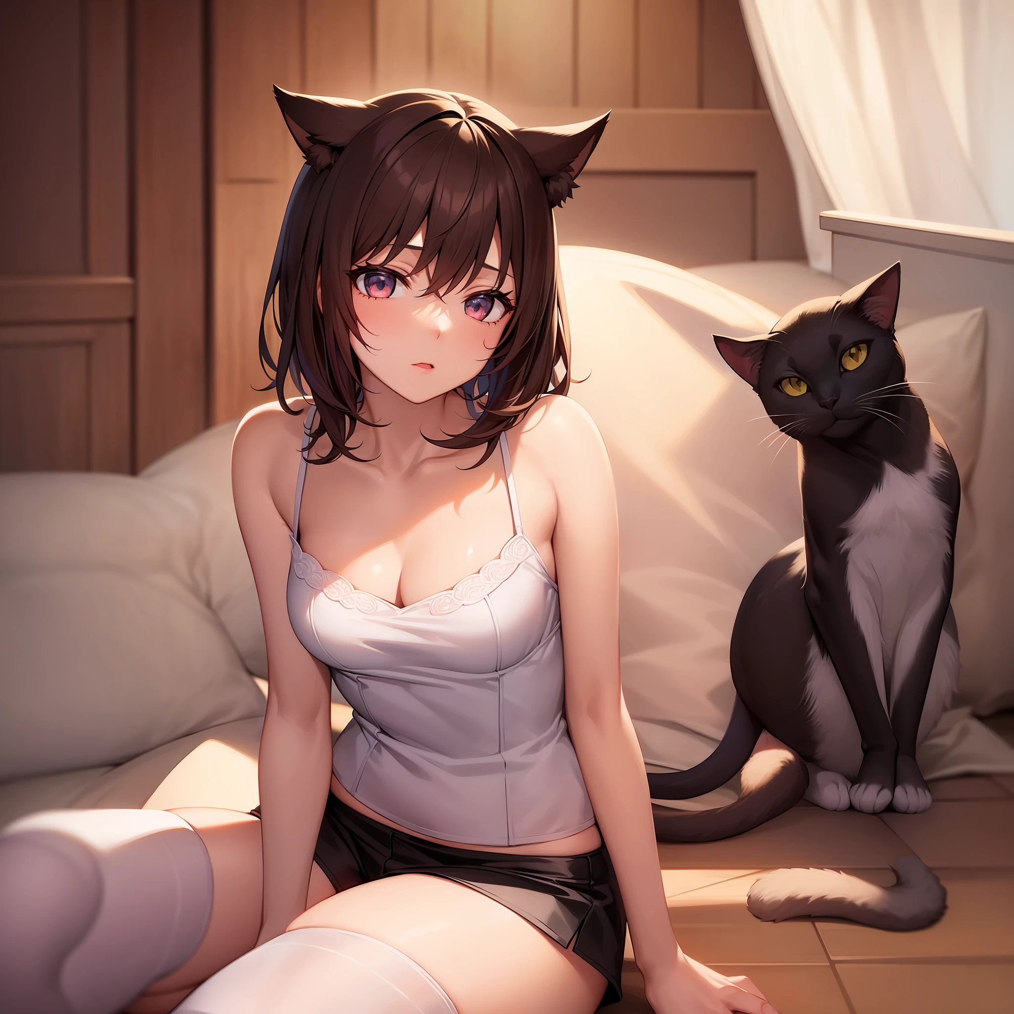 （Best quality)，（Detailed), (1 girl),Kizi，a cat tail，There are cat ears on the top of the head，white thighhighs, short detailed hair，brunette color hair，Medium breasts，Small camisole vest