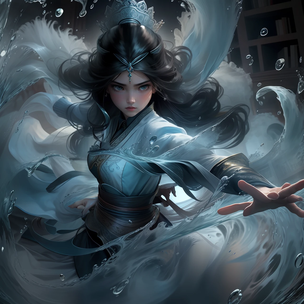 fish eye, Masterpiece, Top quality, Best quality, offcial art, Beautiful and aesthetic, animation
shui, (Flowing water),flowing water droplets,(splashing water drops),Water magic,Water Magic Practice,
1girll, Long hair, Water surrounds the girl's body,
maid headdress, maid apronl, Maid uniform,
Indoors, library, Black hair, Beautiful face,
Hand up, Fighting stance, Expressionless, friction ridge