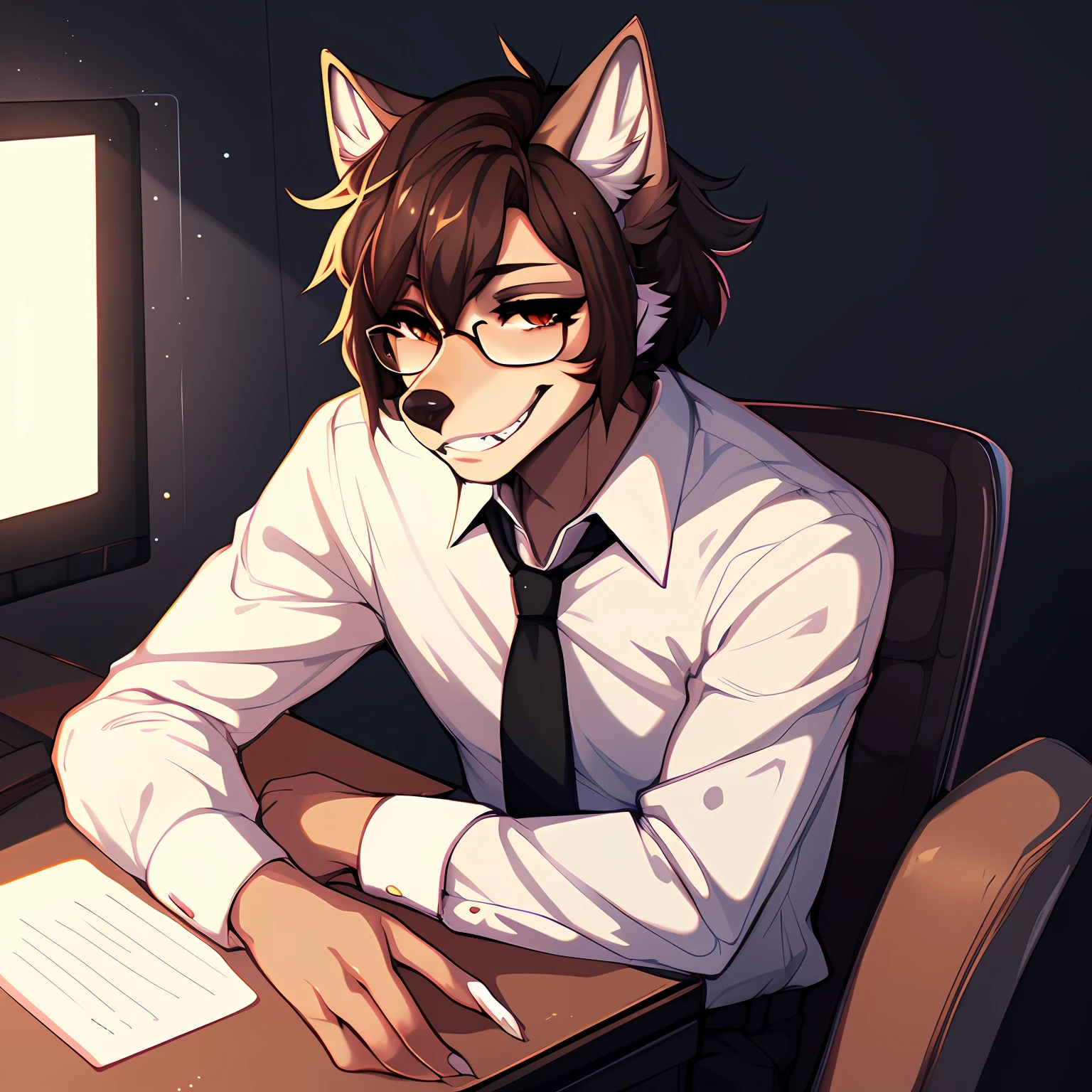 Solo, (by hyattlen, by claweddrip, by fumiko:1.2), a handsome light brown wolf with short dark brown hair, black eyes, smiling showing teeth, gentle expression, wearing a suit and tie, portrait shot, sitting at a desk, high quality, masterpiece, cute snout, wearing sophisticated glasses